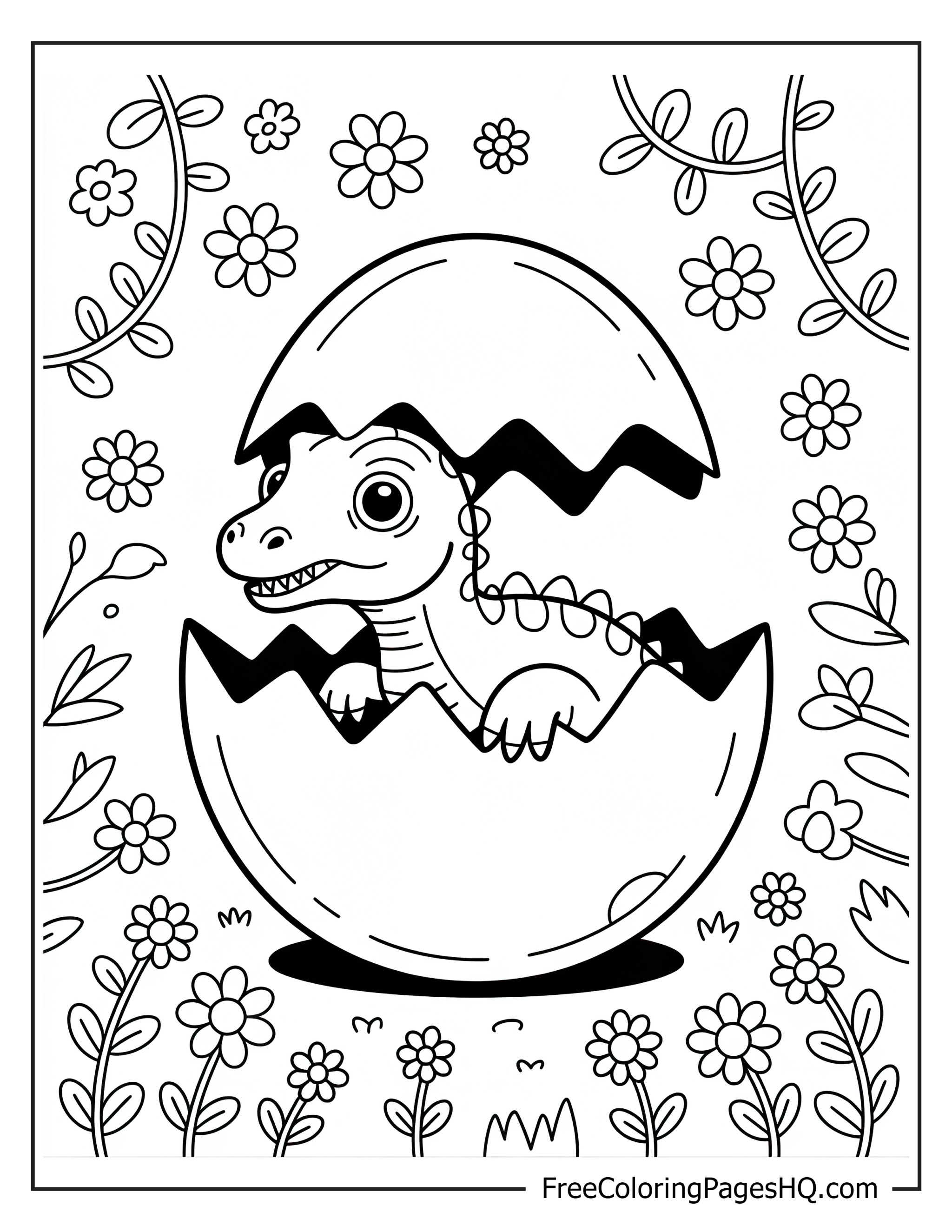 Baby dinosaur hatching from an egg with flowers.