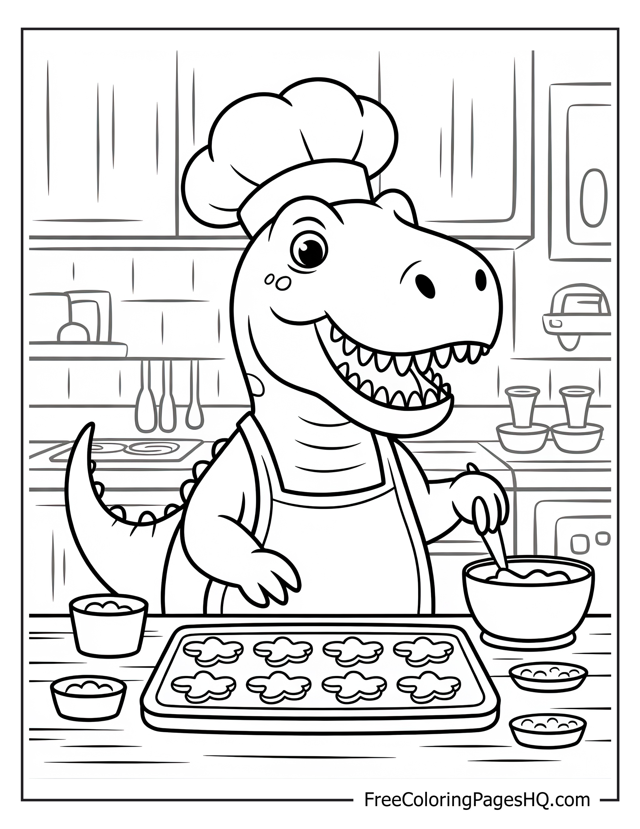 Chef dinosaur happily mixing dough in a kitchen setting.
