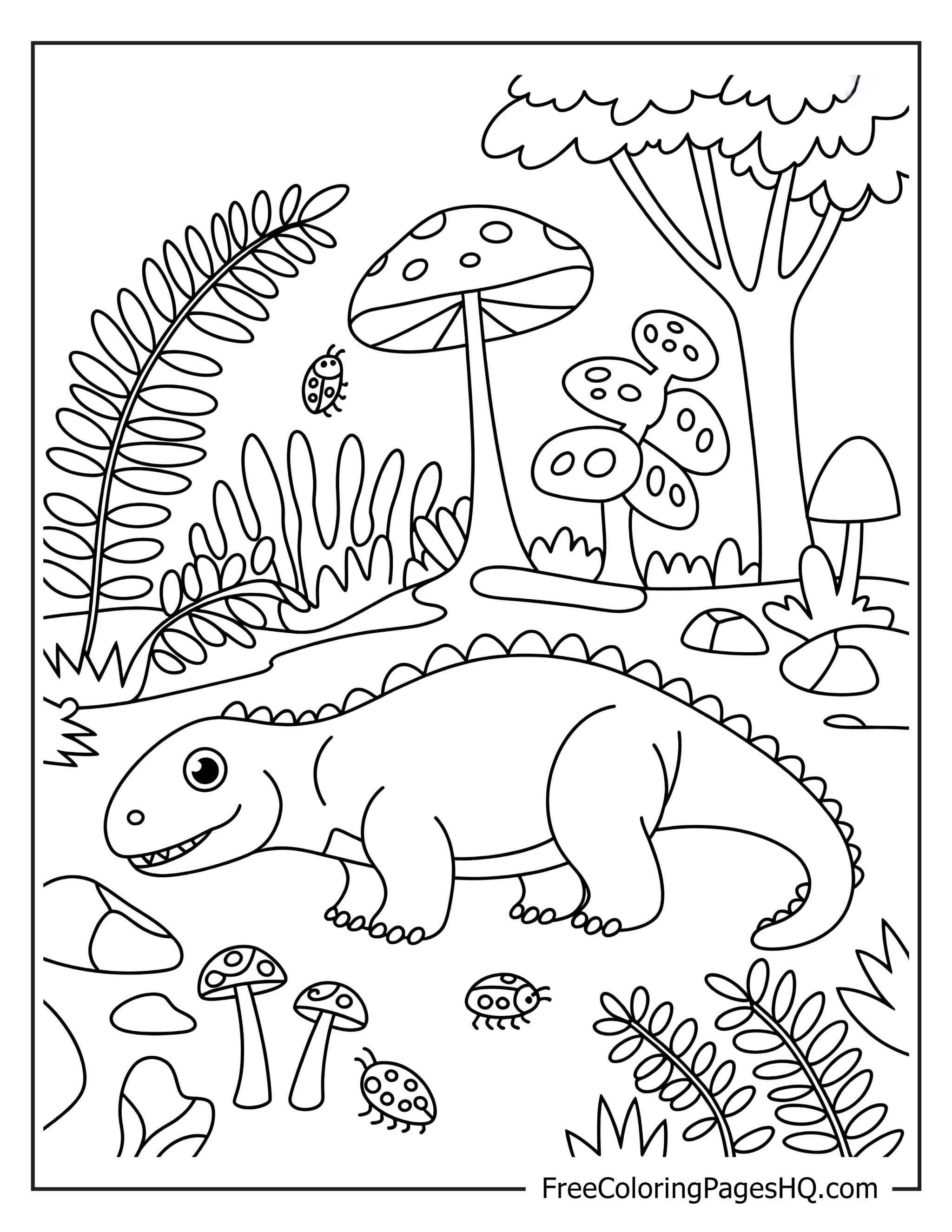 Cute dinosaur and ladybugs roam a whimsical forest landscape together.
