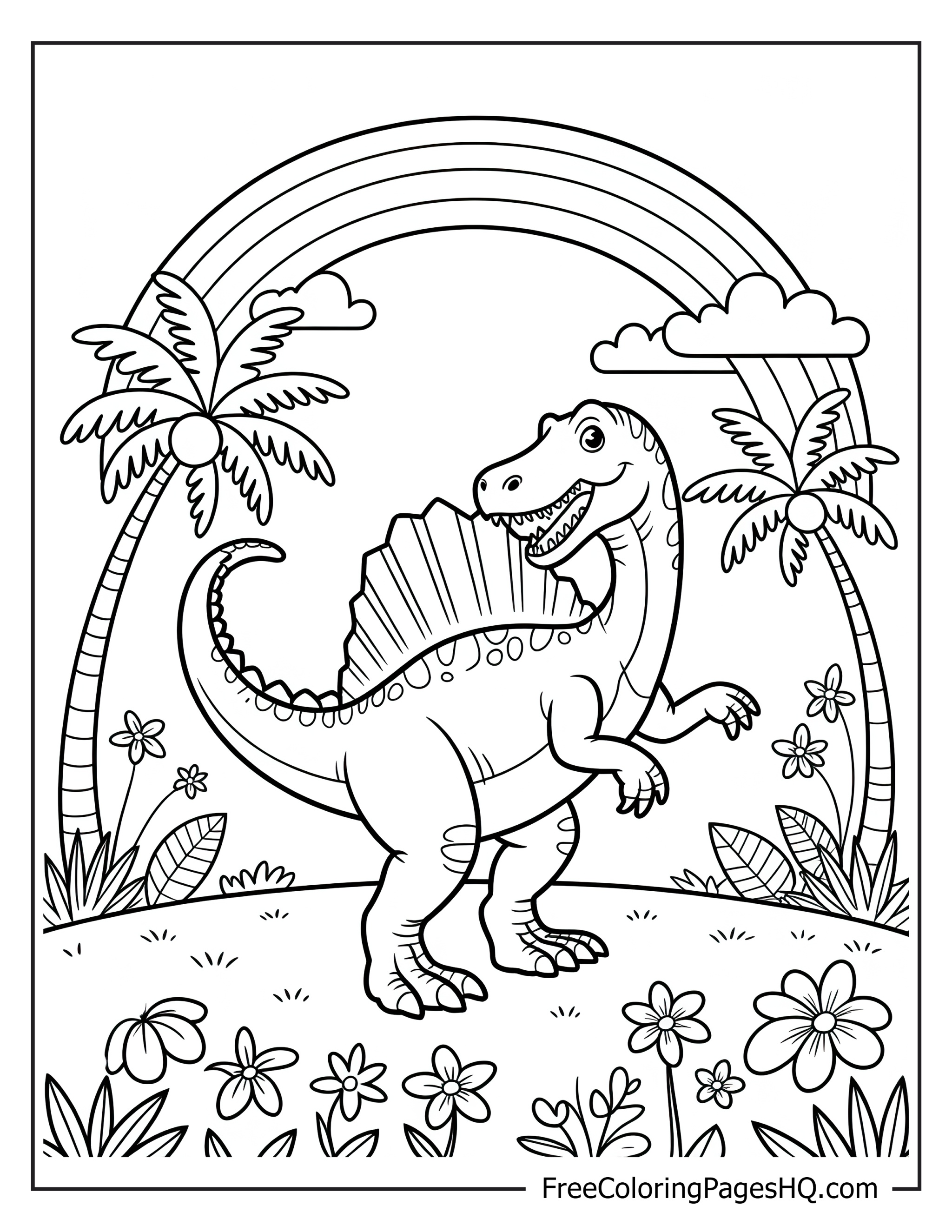 Dinosaur with palm trees and rainbow, ready to color.