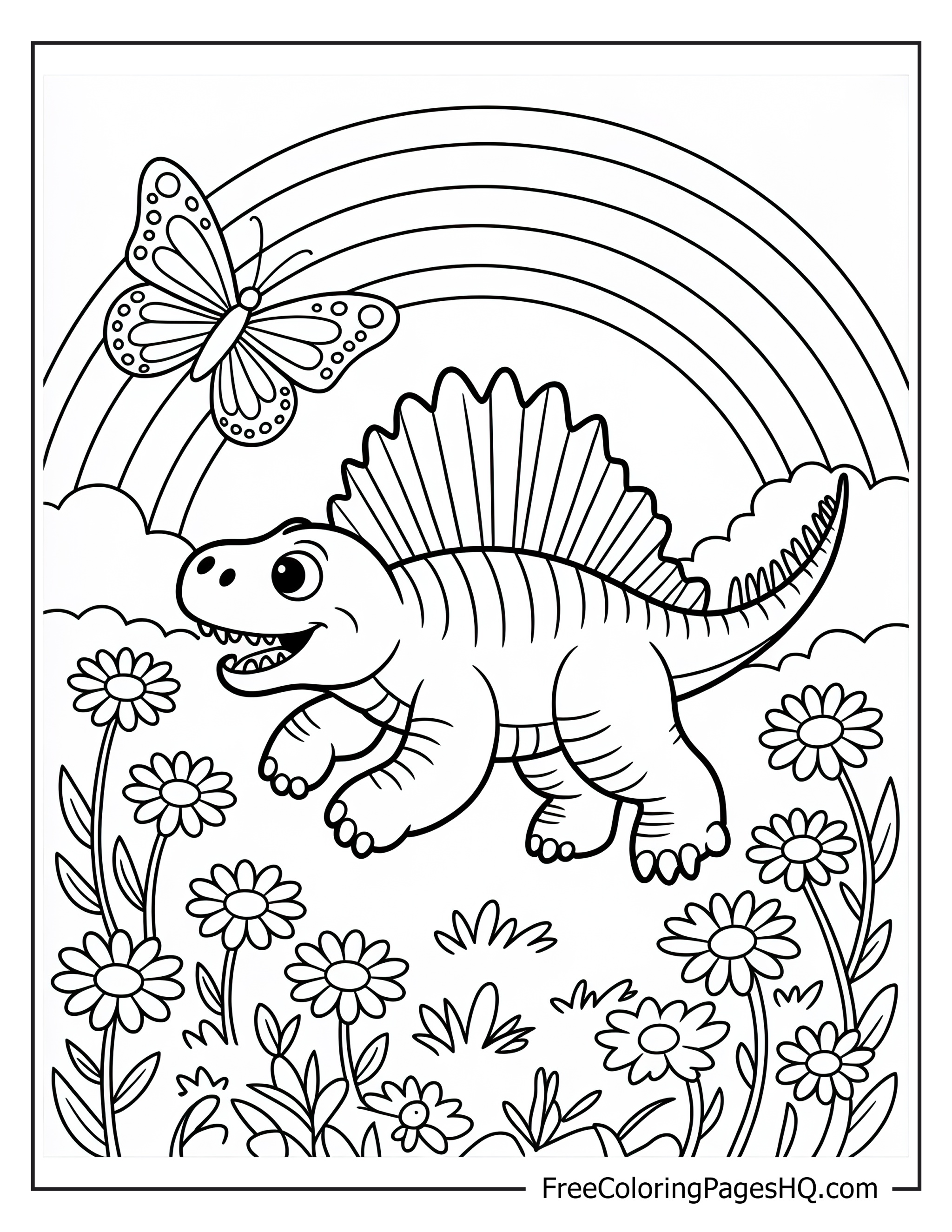 Smiling dinosaur in a flower-filled meadow with a rainbow and butterfly.
