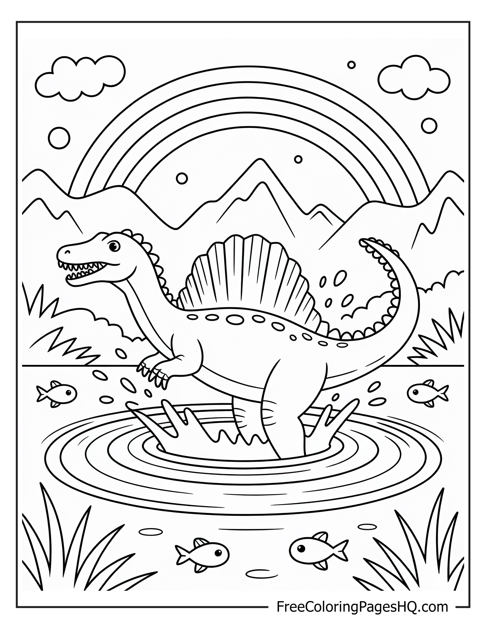 Spinosaurus in a pond with a rainbow and mountains.