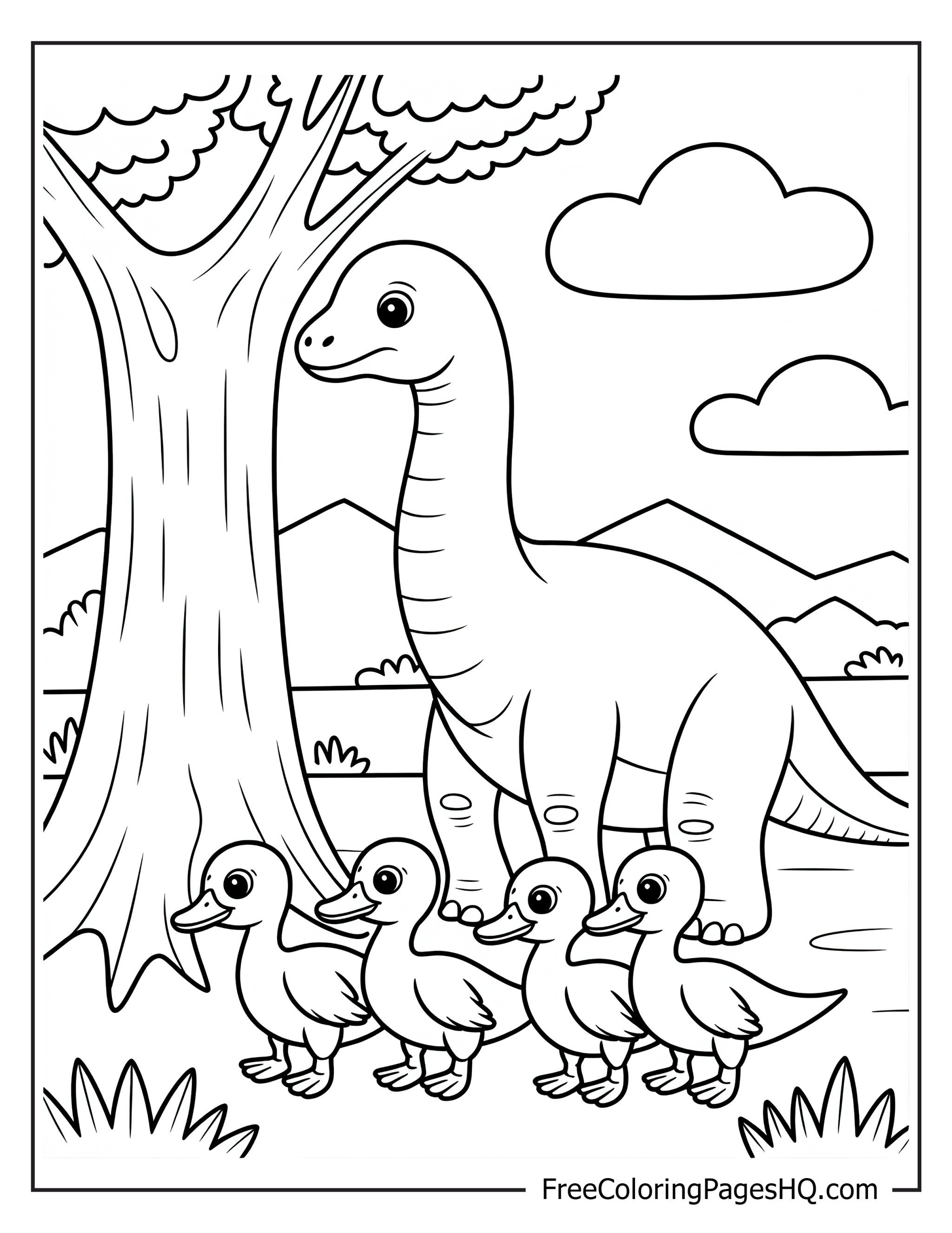 Dinosaur walking with a line of playful ducklings under a tree.