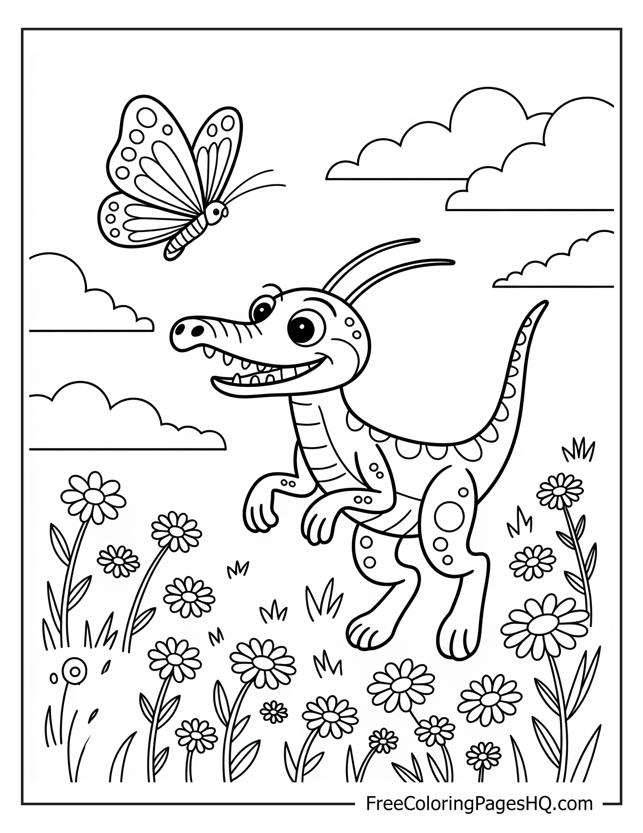 Dinosaur with butterfly in a field of flowers, under a cloudy sky.