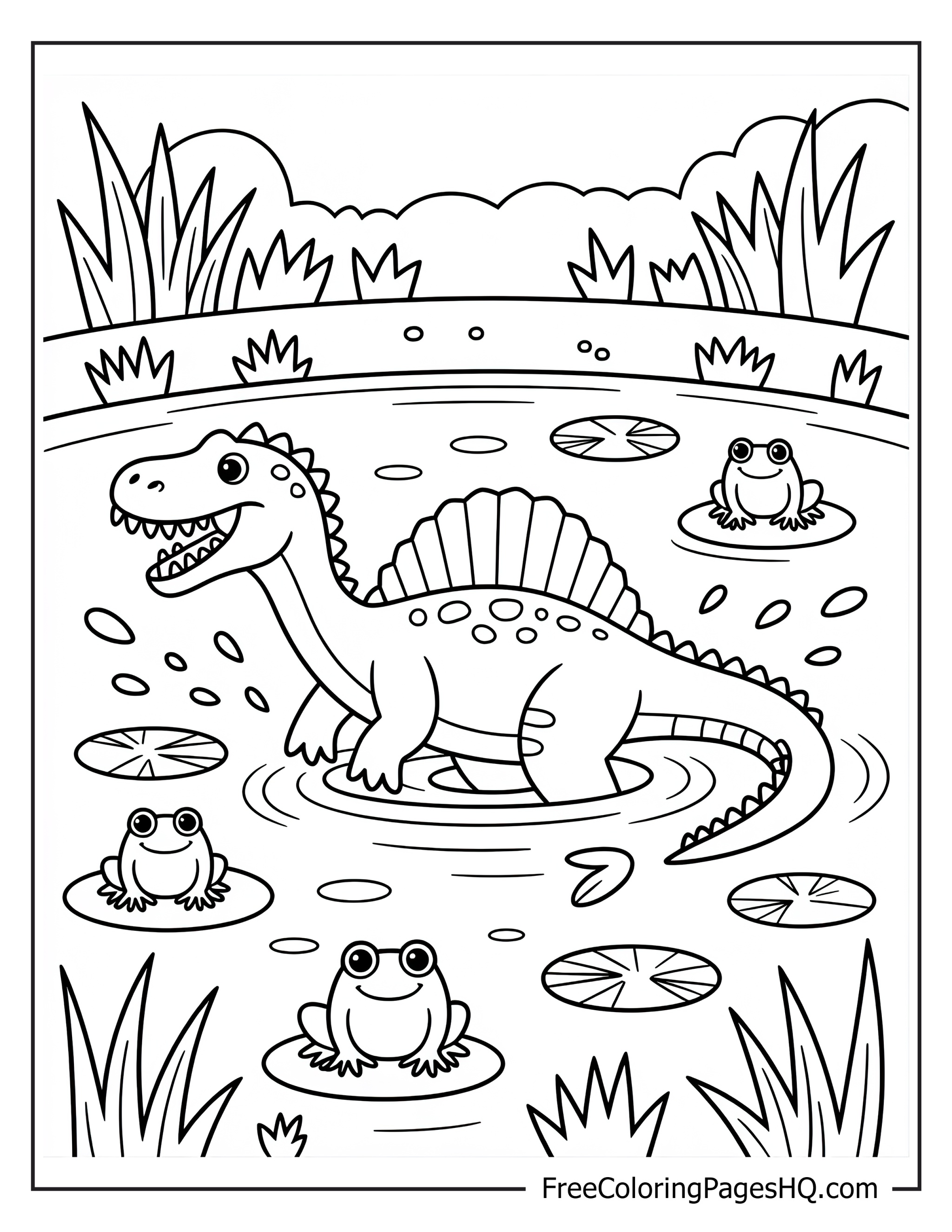 Dinosaur in a pond with three frogs and lily pads.