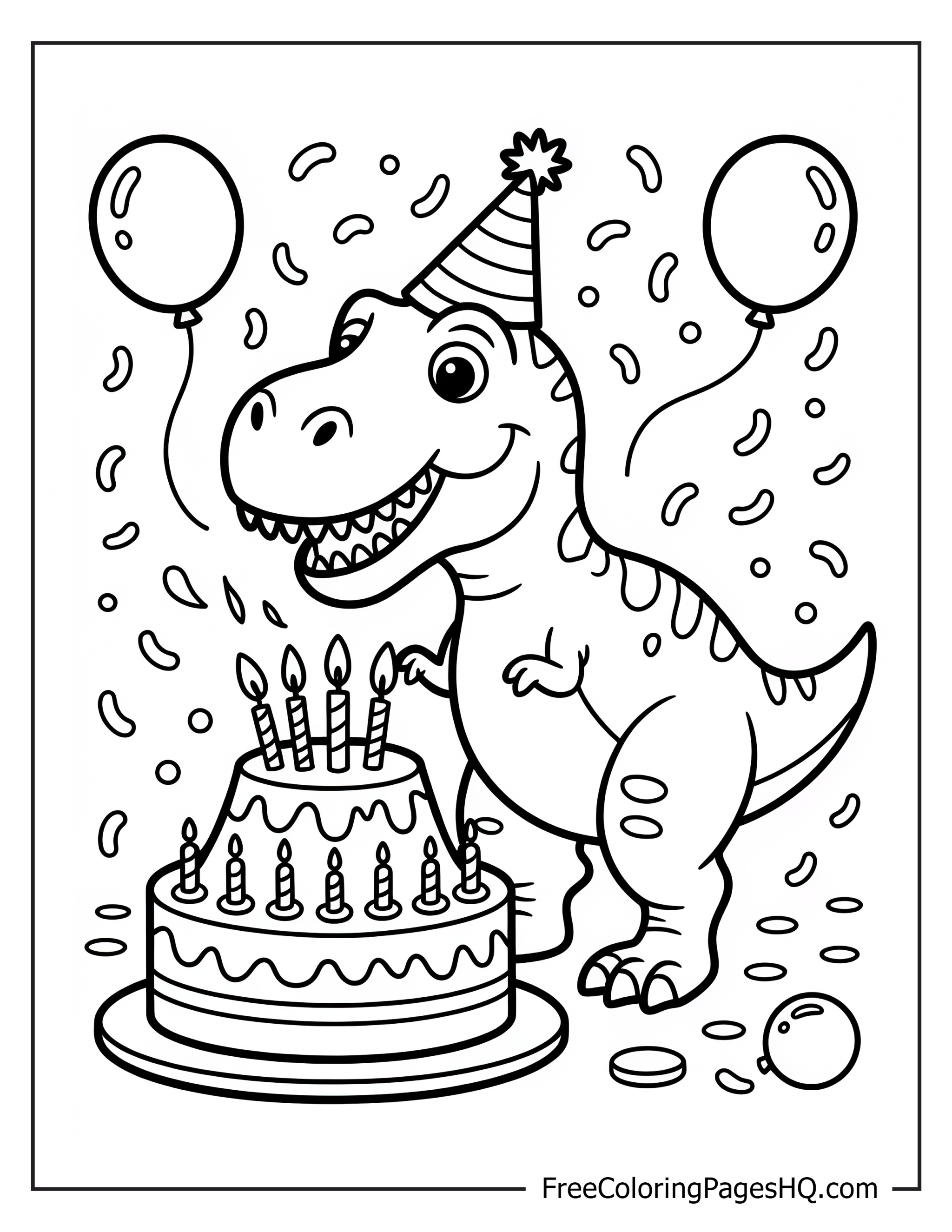 Dinosaur with birthday cake, balloons, hat, and confetti around.