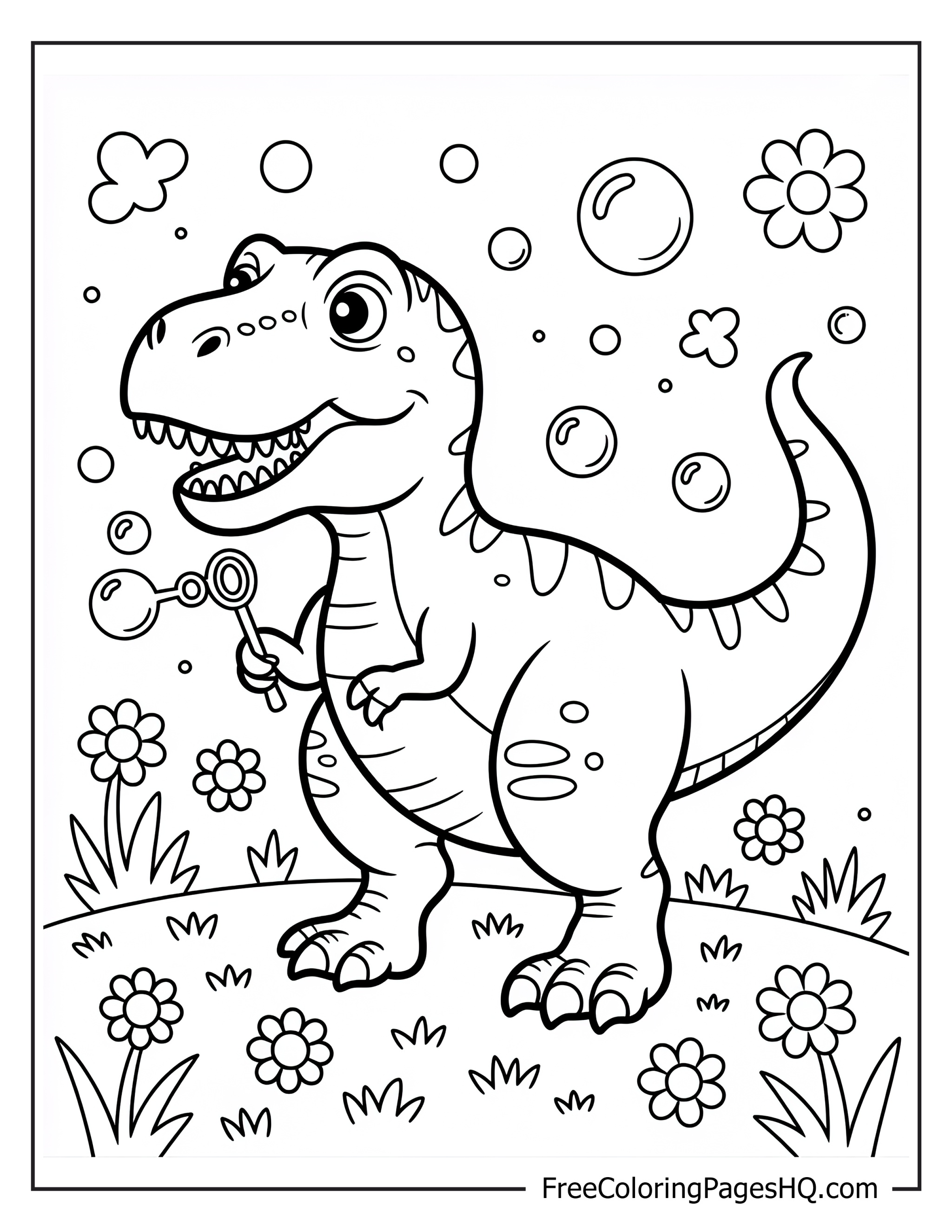 Cartoon dinosaur blowing bubbles surrounded by flowers and grass.