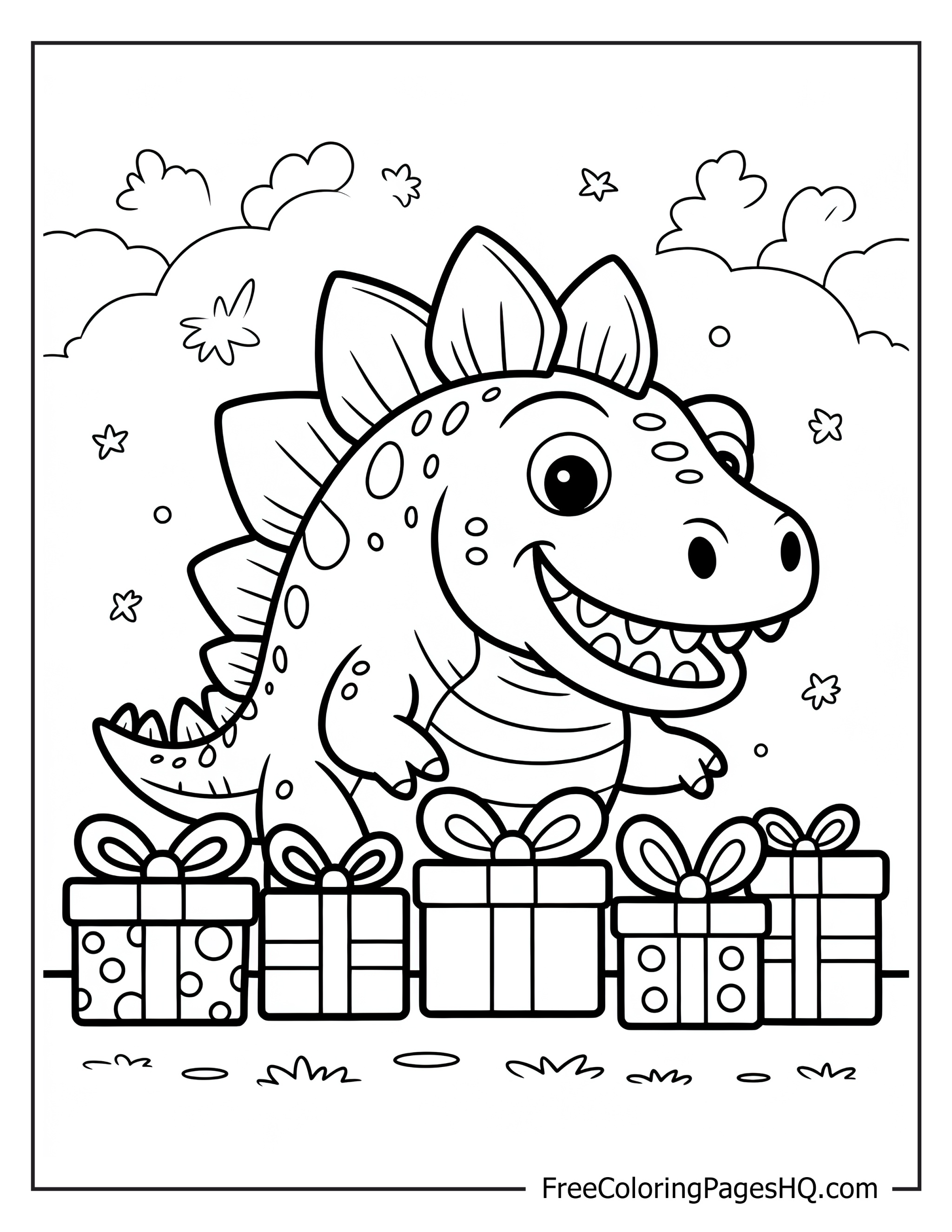 Dinosaur with gift boxes, clouds, and stars in the background.