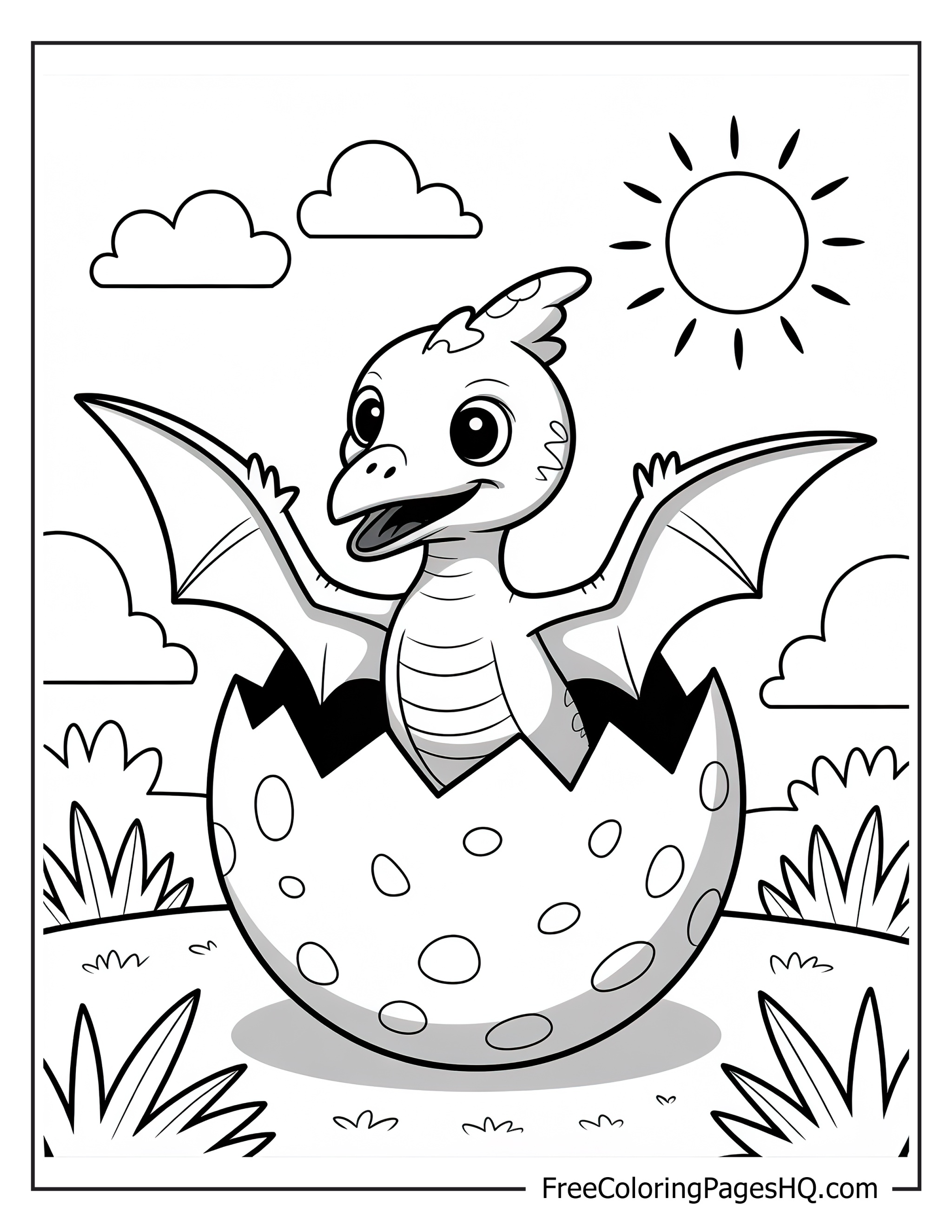 Baby pterosaur hatching from an egg under a sunny sky.
