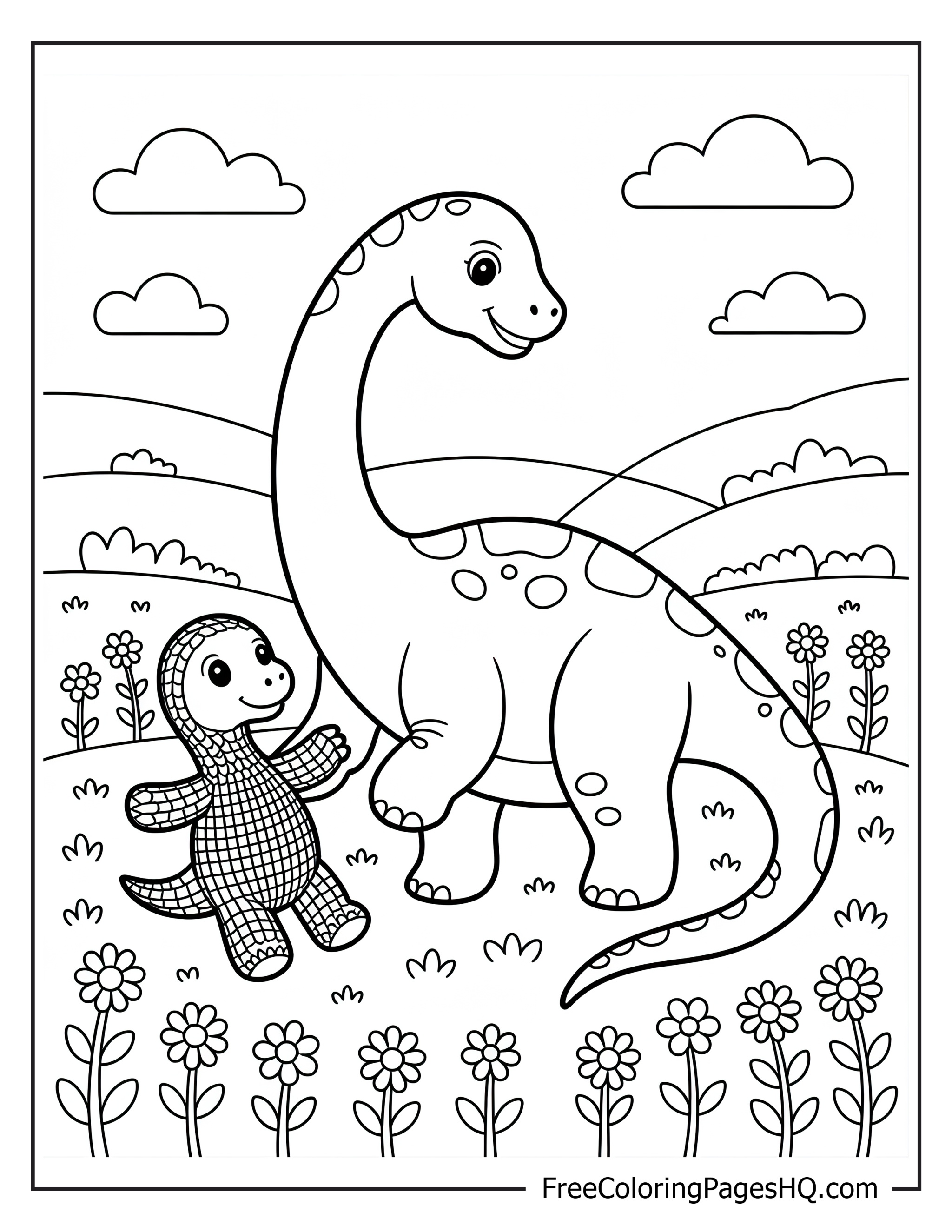 Two dinosaurs standing in a flower-filled landscape with clouds above.