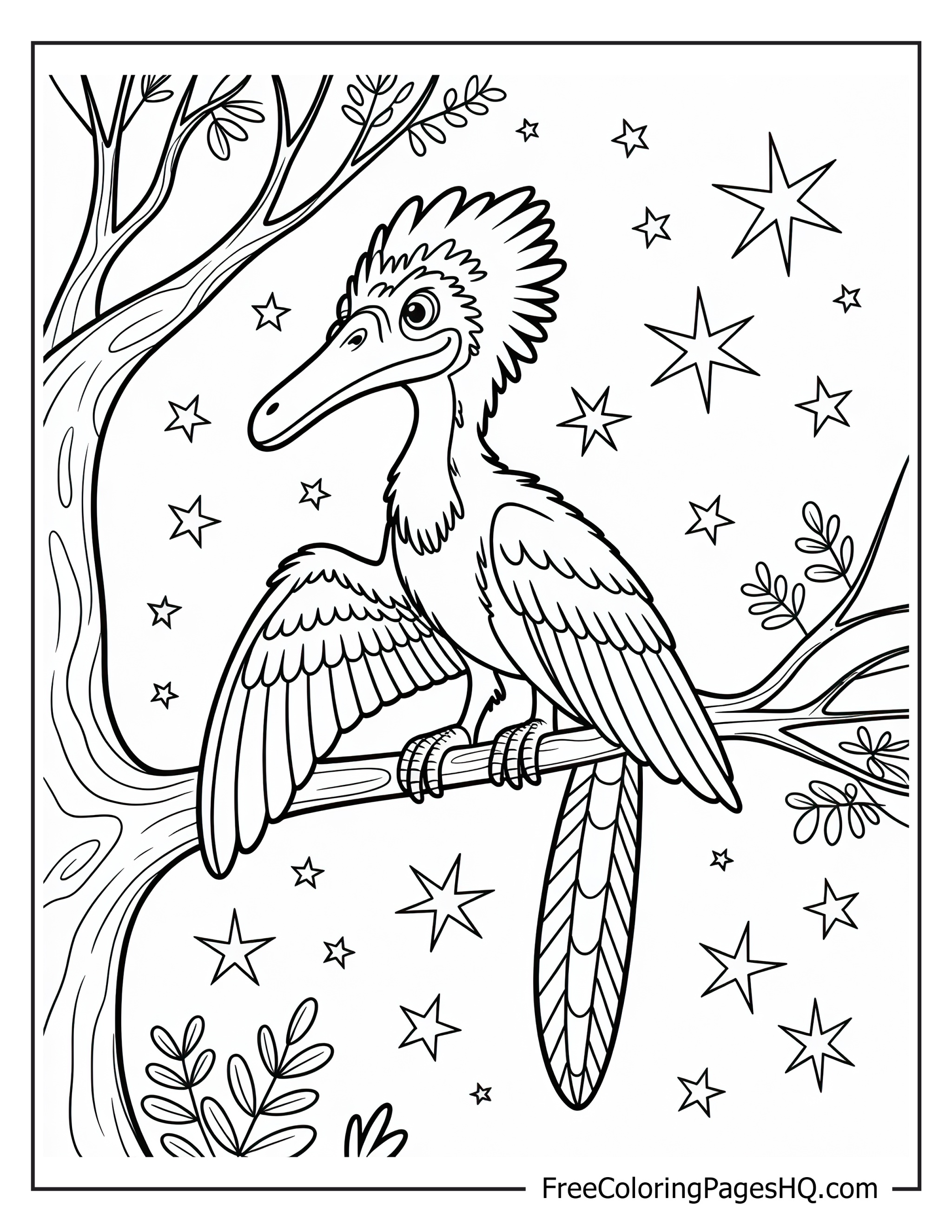 Dinosaur with feathers sits on a branch under stars.