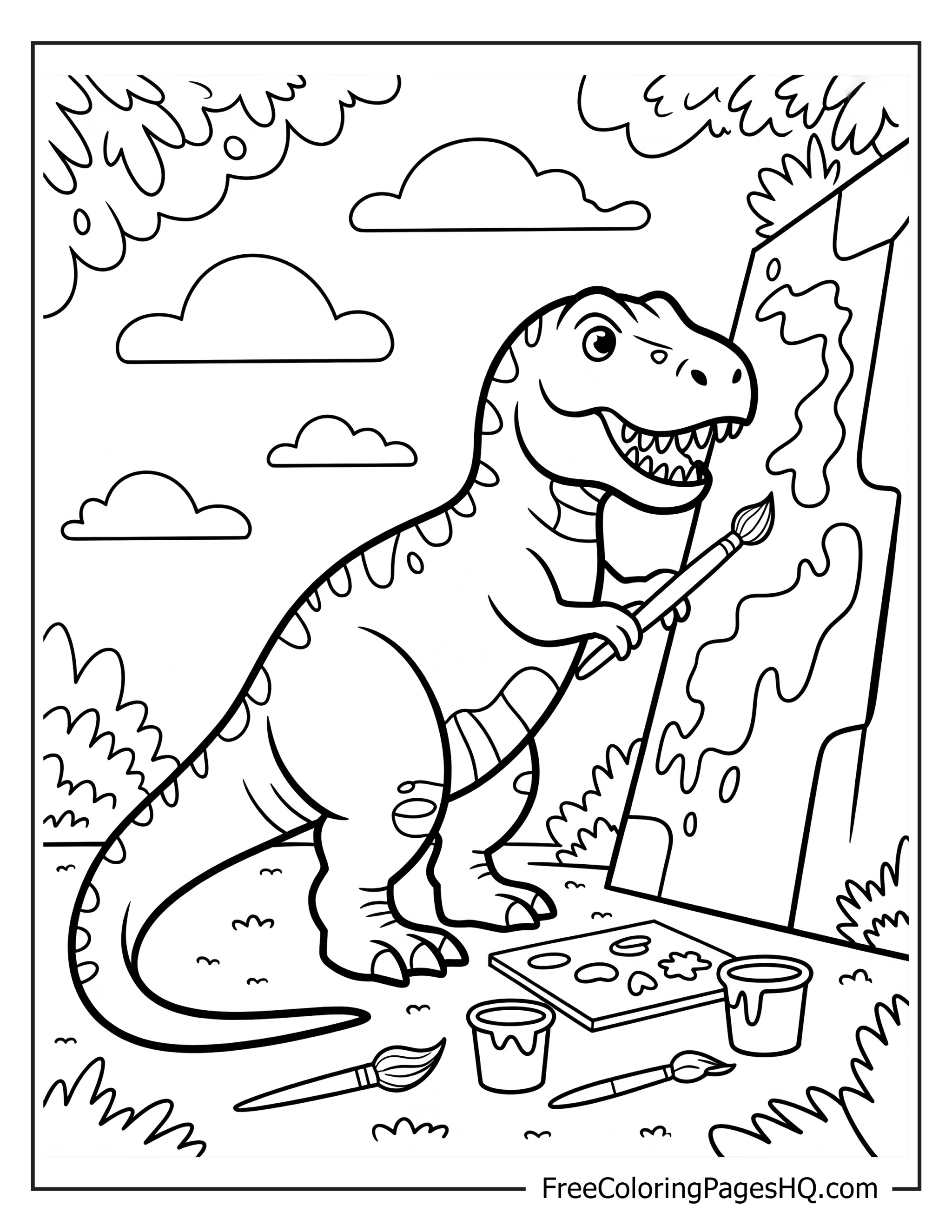 Dinosaur painting a picture on a sunny day with art supplies nearby.