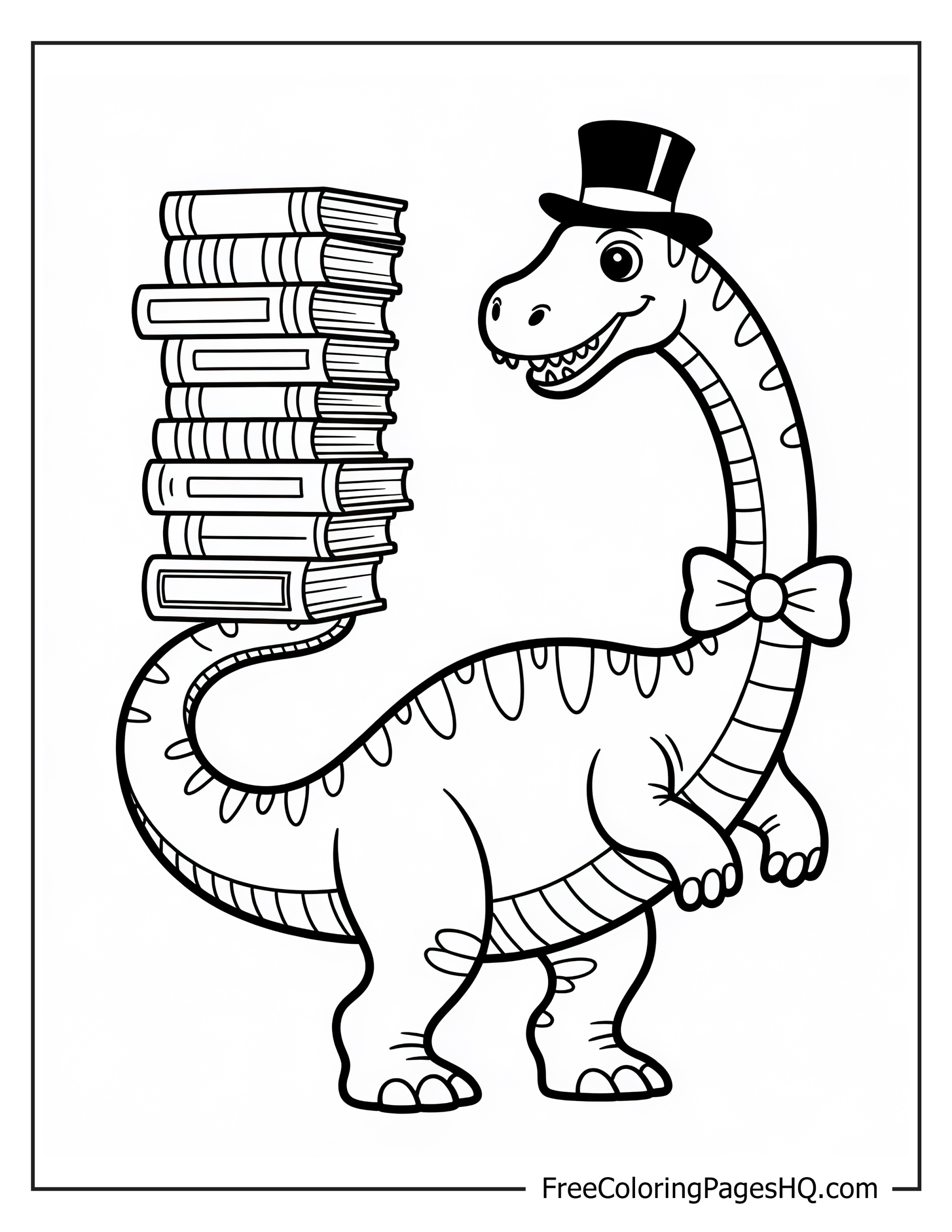 Dinosaur wearing a hat and bowtie with books on tail.