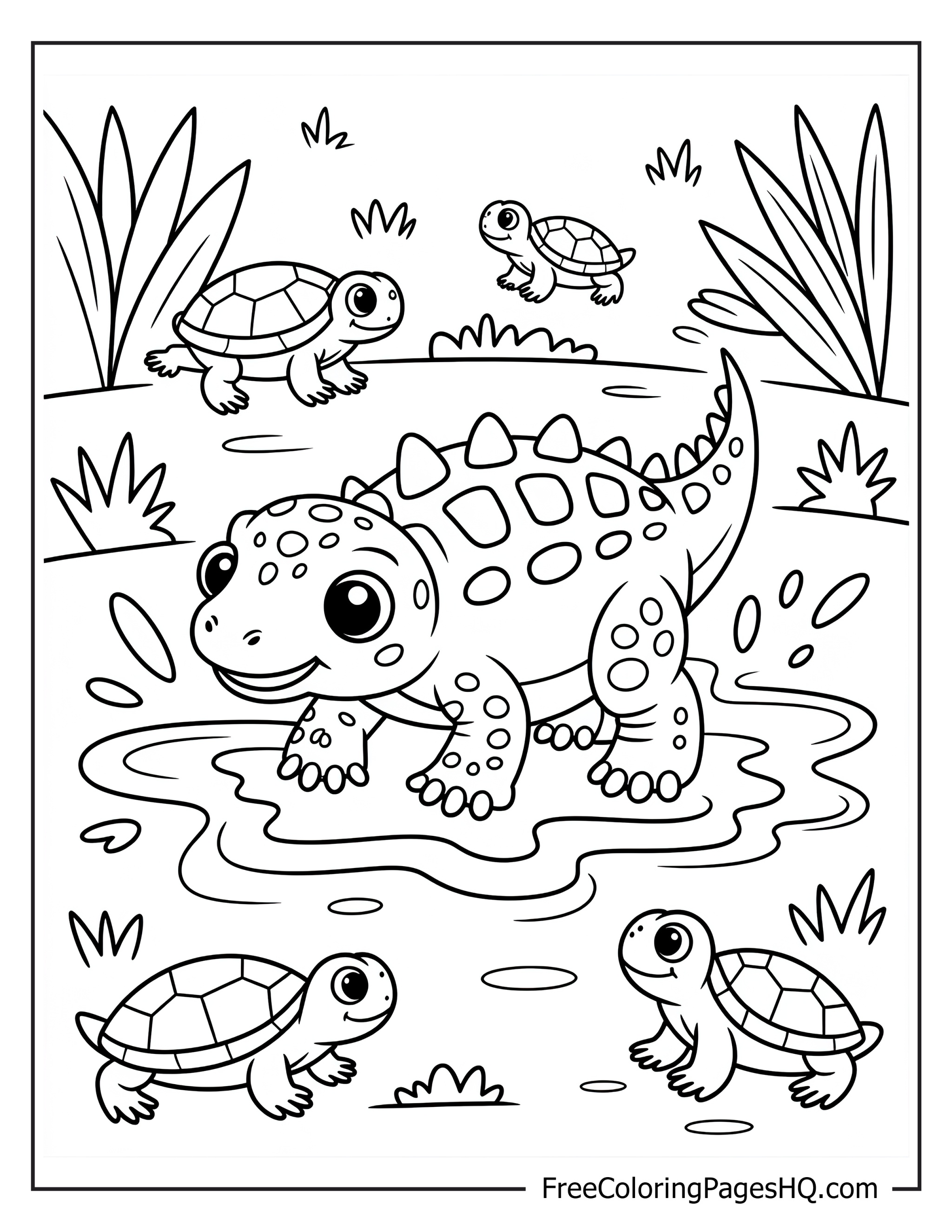 Baby dinosaurs with turtles relaxing near lush greenery.