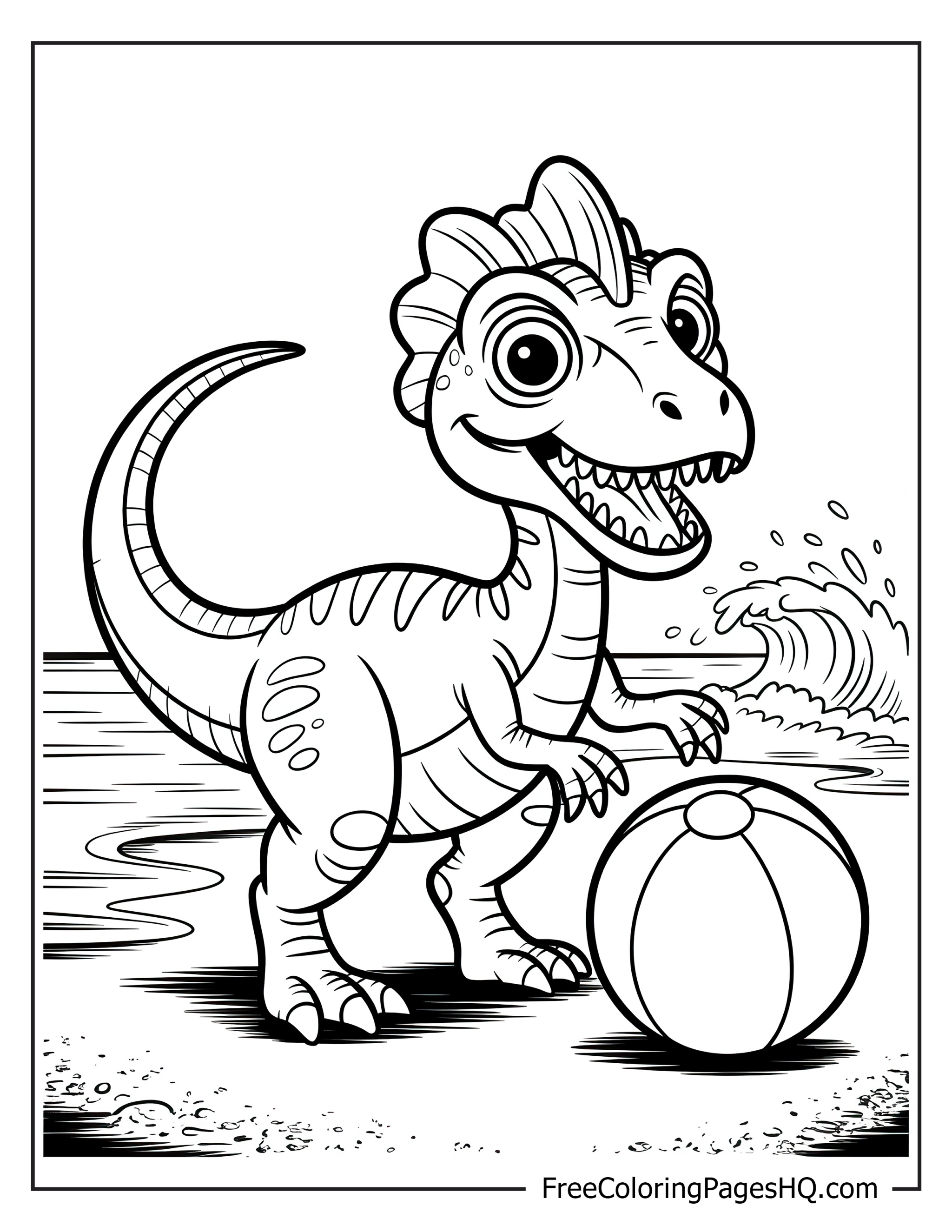 A dinosaur with frills and a beach ball by the sea.