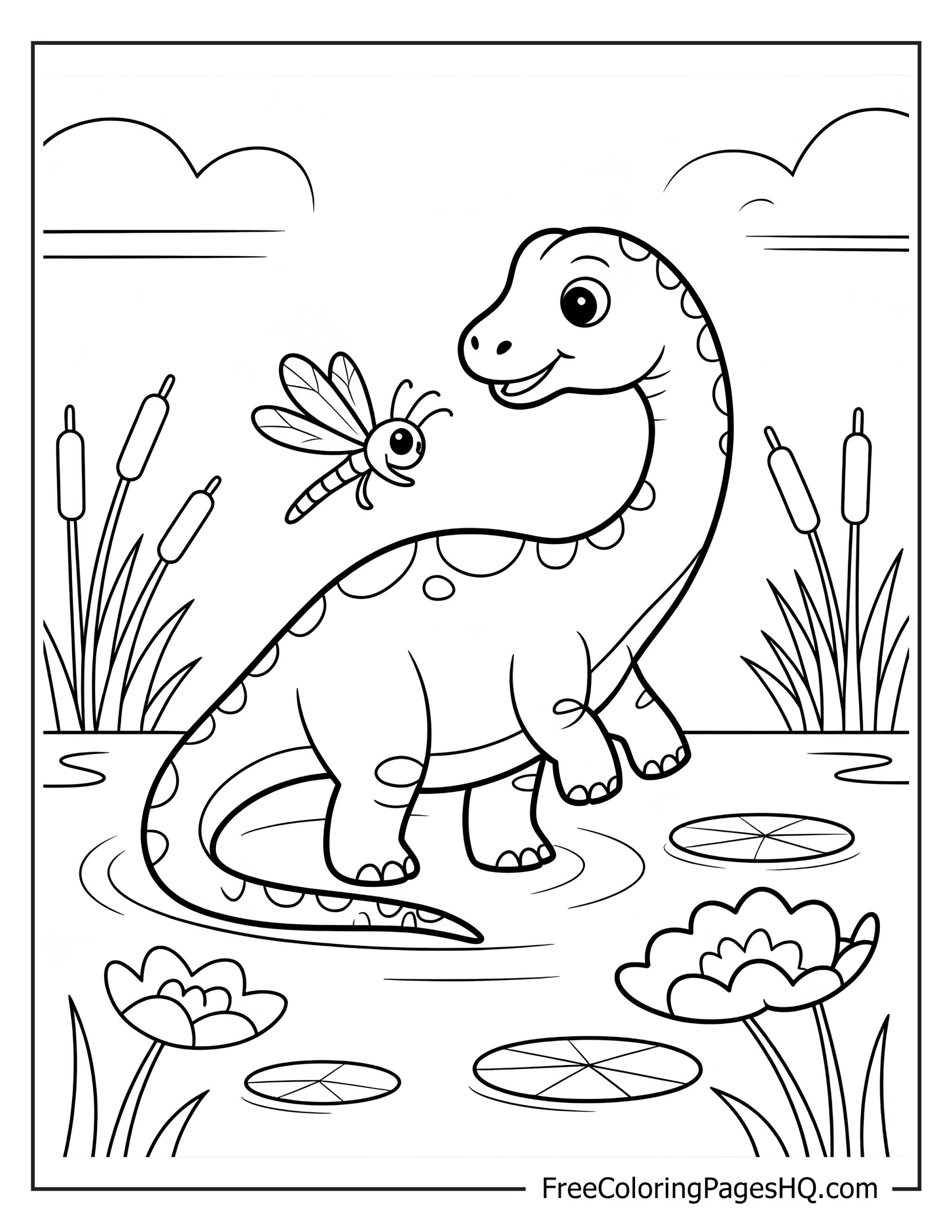 Cheerful dinosaur and dragonfly near a pond with cattails and lily pads.