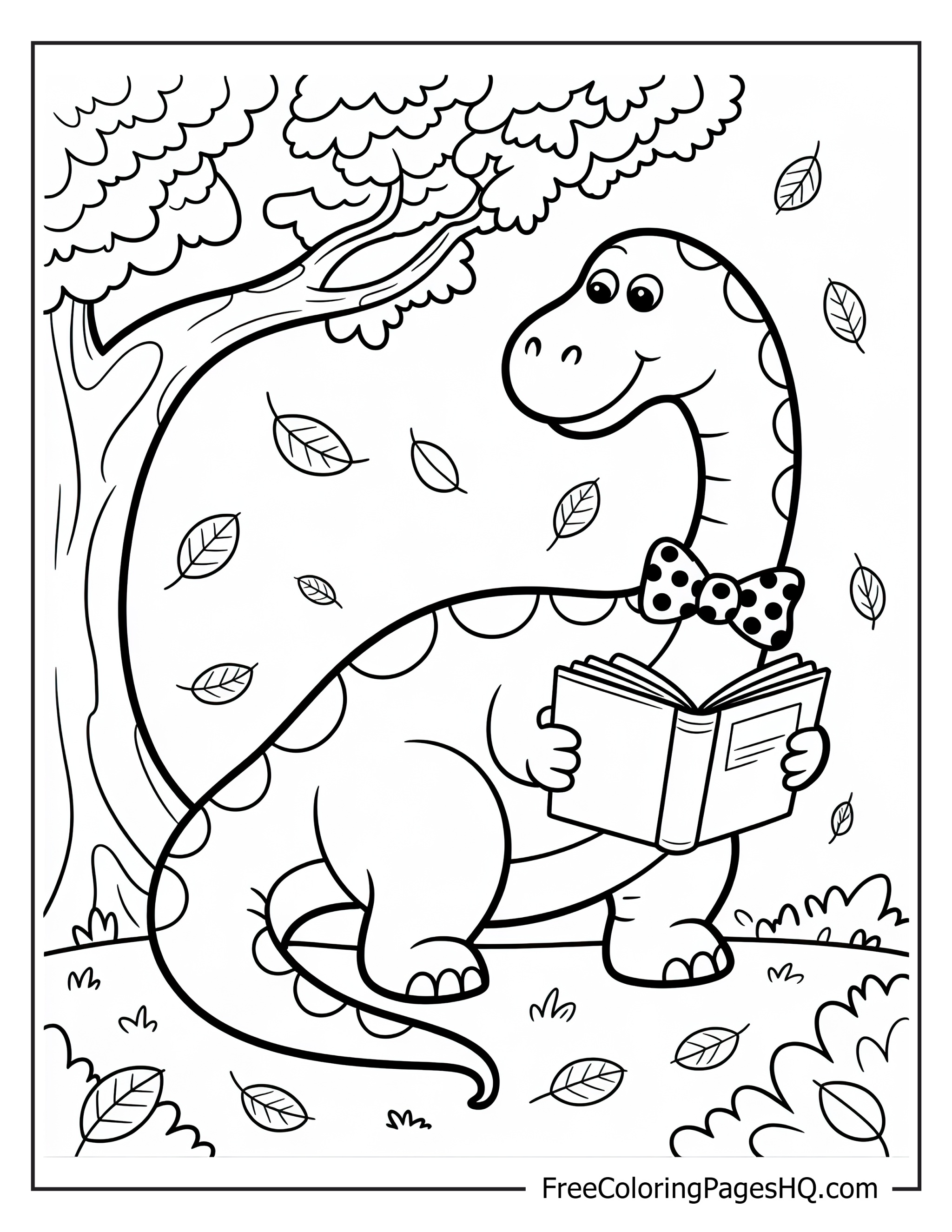 A dinosaur with a bow tie sits reading under a tree.
