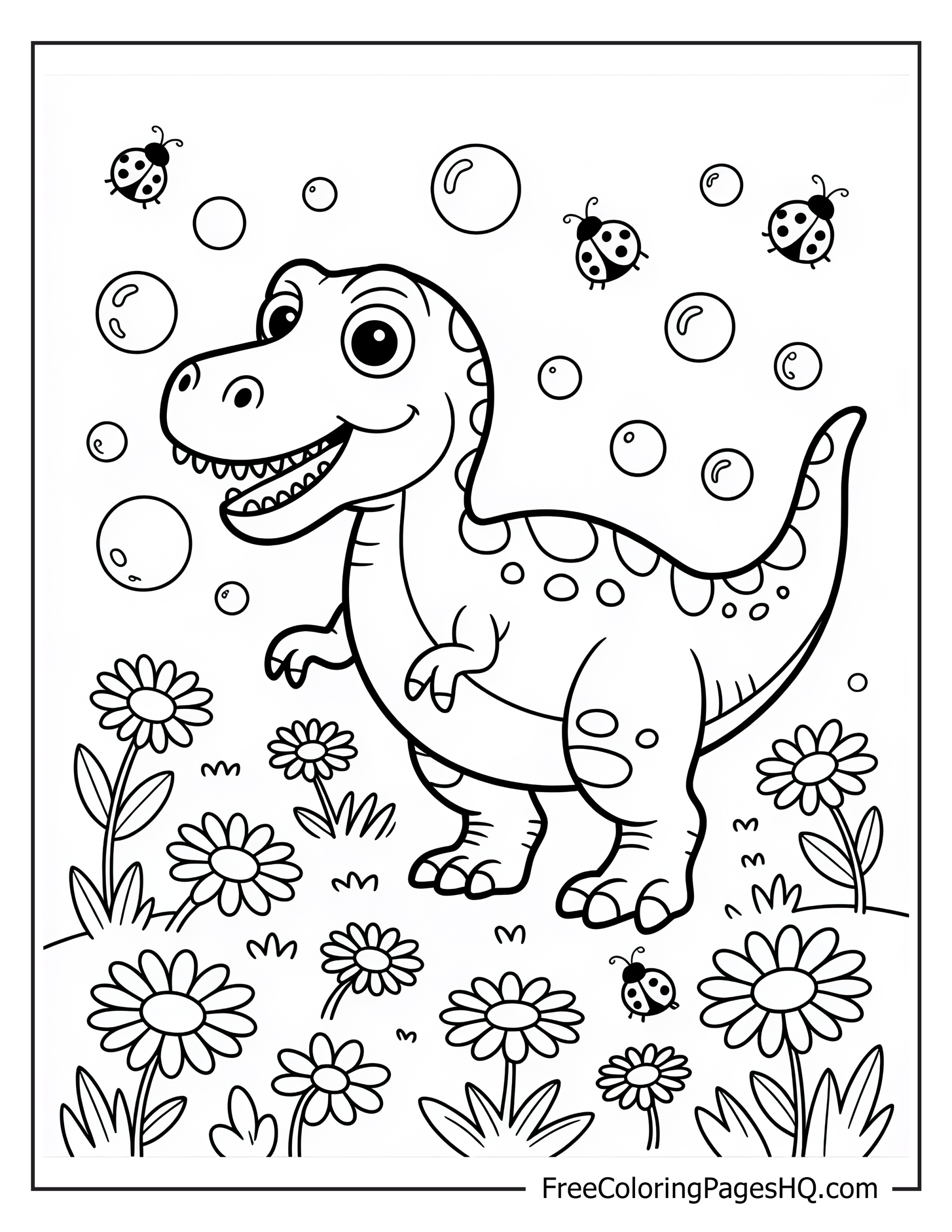Cute dinosaur surrounded by ladybugs, flowers, and bubbles.