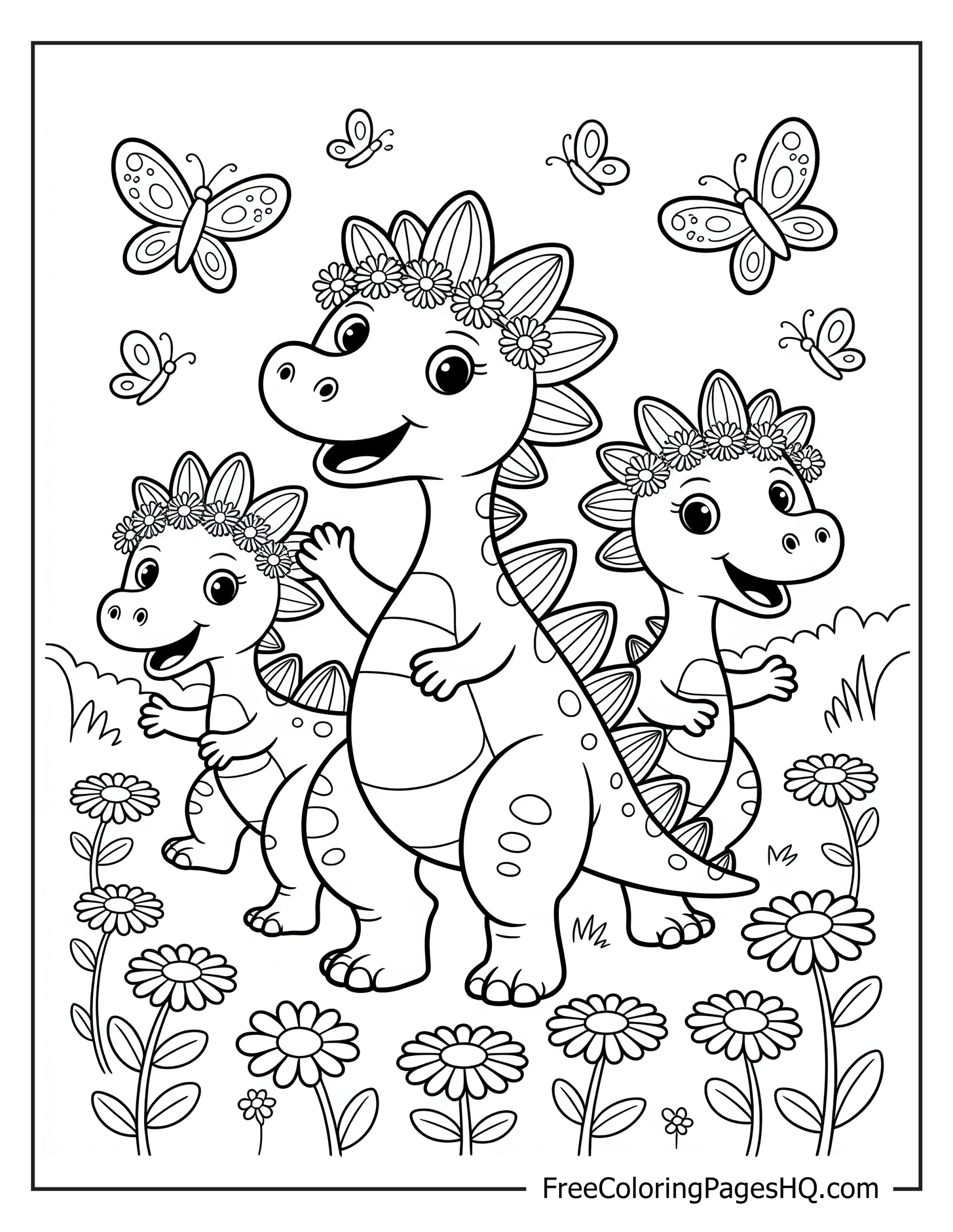 Three dinosaurs with flower crowns and butterflies around them.