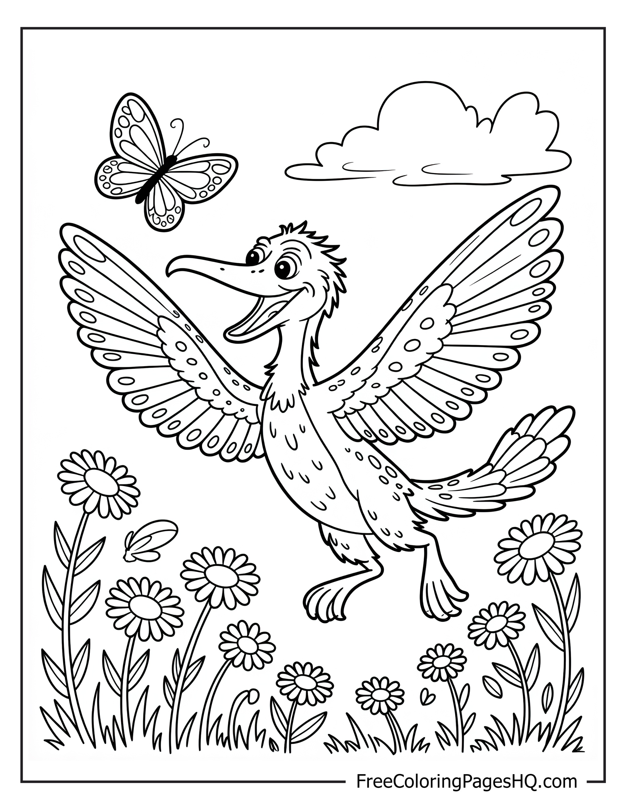 Flying dinosaur with a butterfly, surrounded by daisies under a cloud.