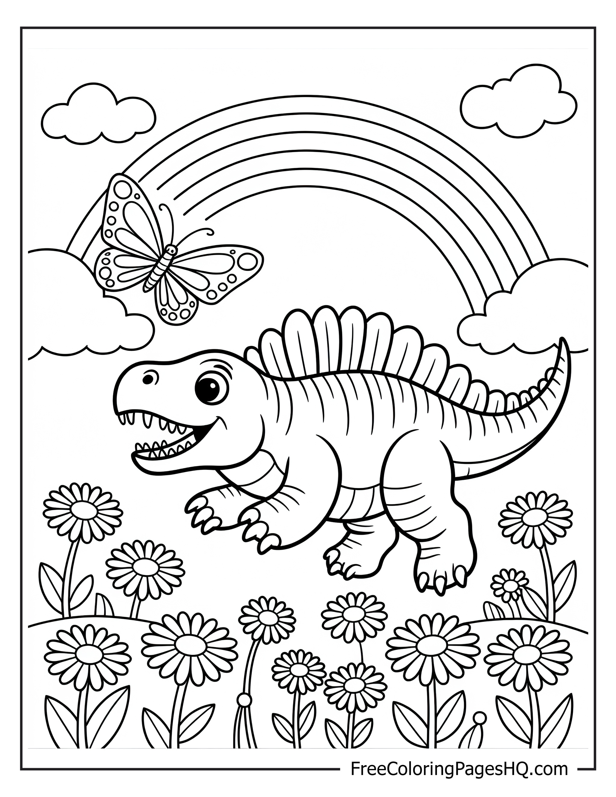 Dinosaur with a butterfly under a rainbow and fluffy clouds.