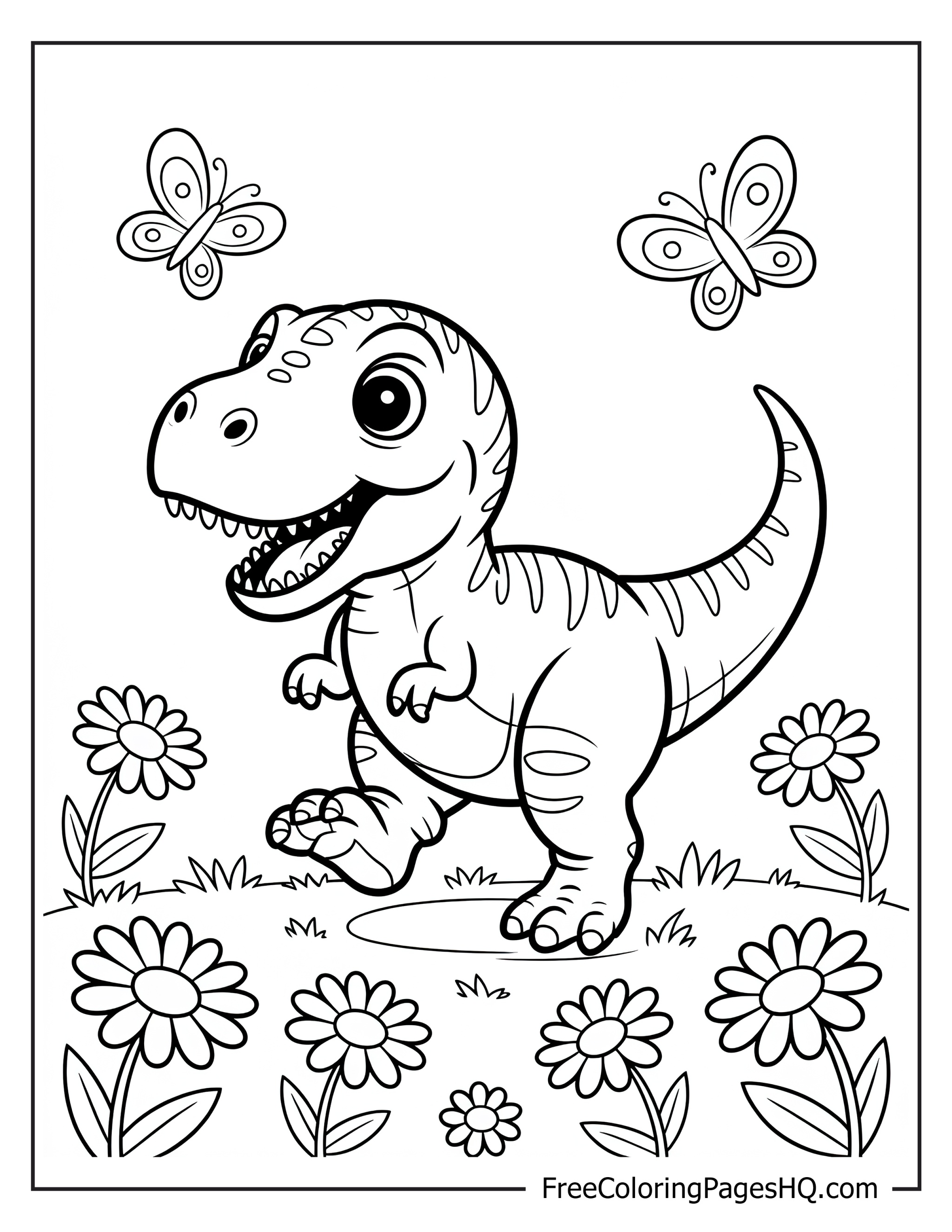 Dinosaur surrounded by flowers and butterflies, joyfully smiling.