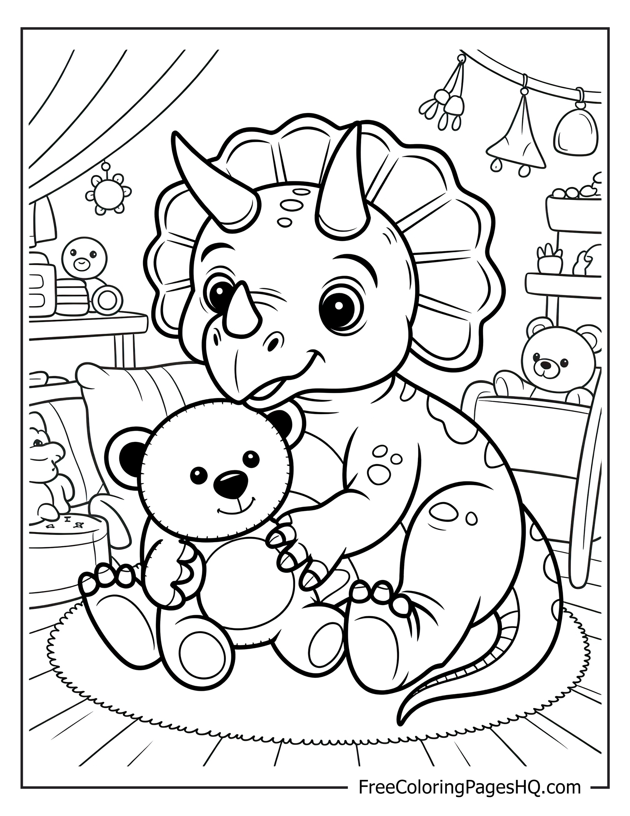 Triceratops holding a teddy bear in a playful room.