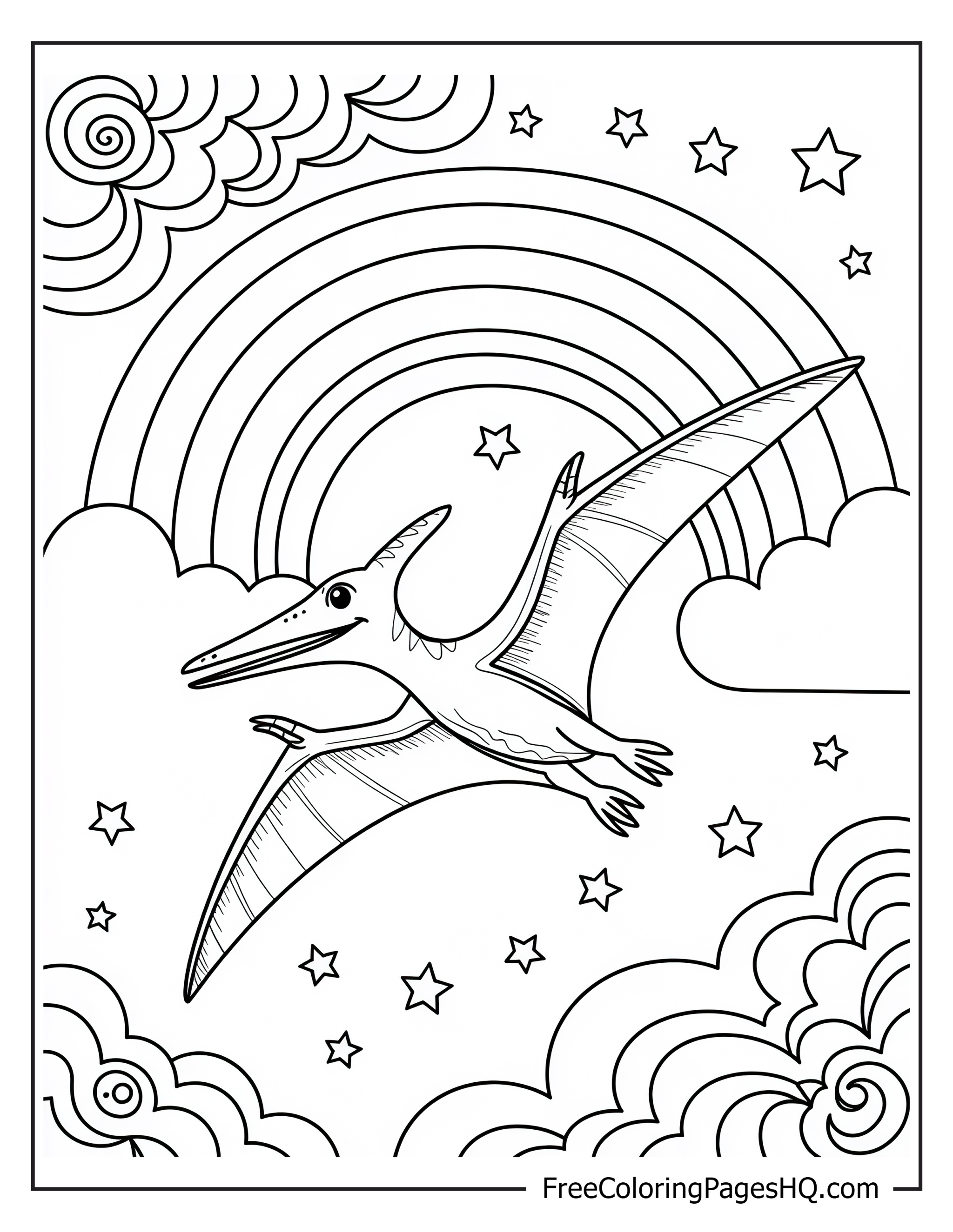 Pterodactyl flying with a rainbow and stars in the sky.