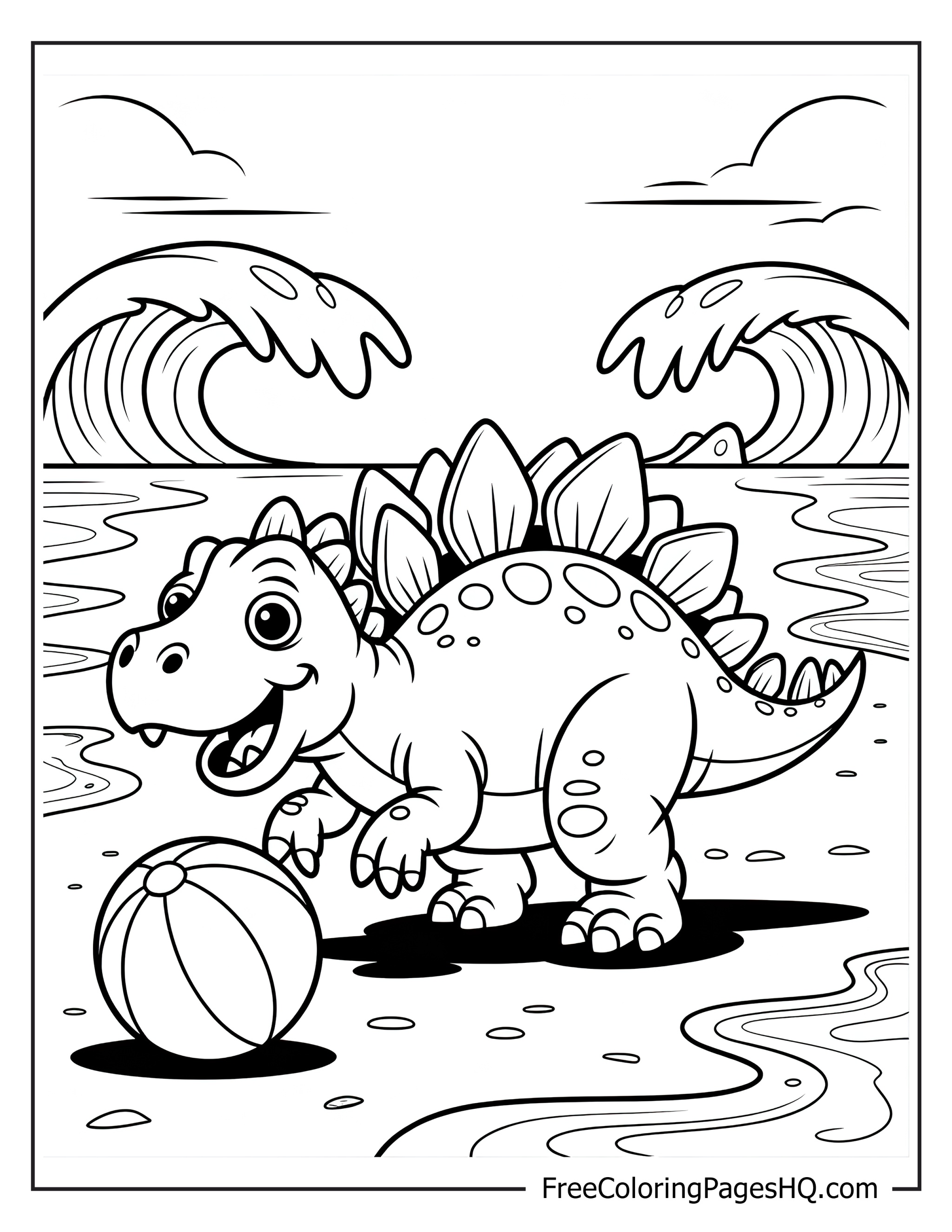 Stegosaurus by the ocean with waves and a beach ball.