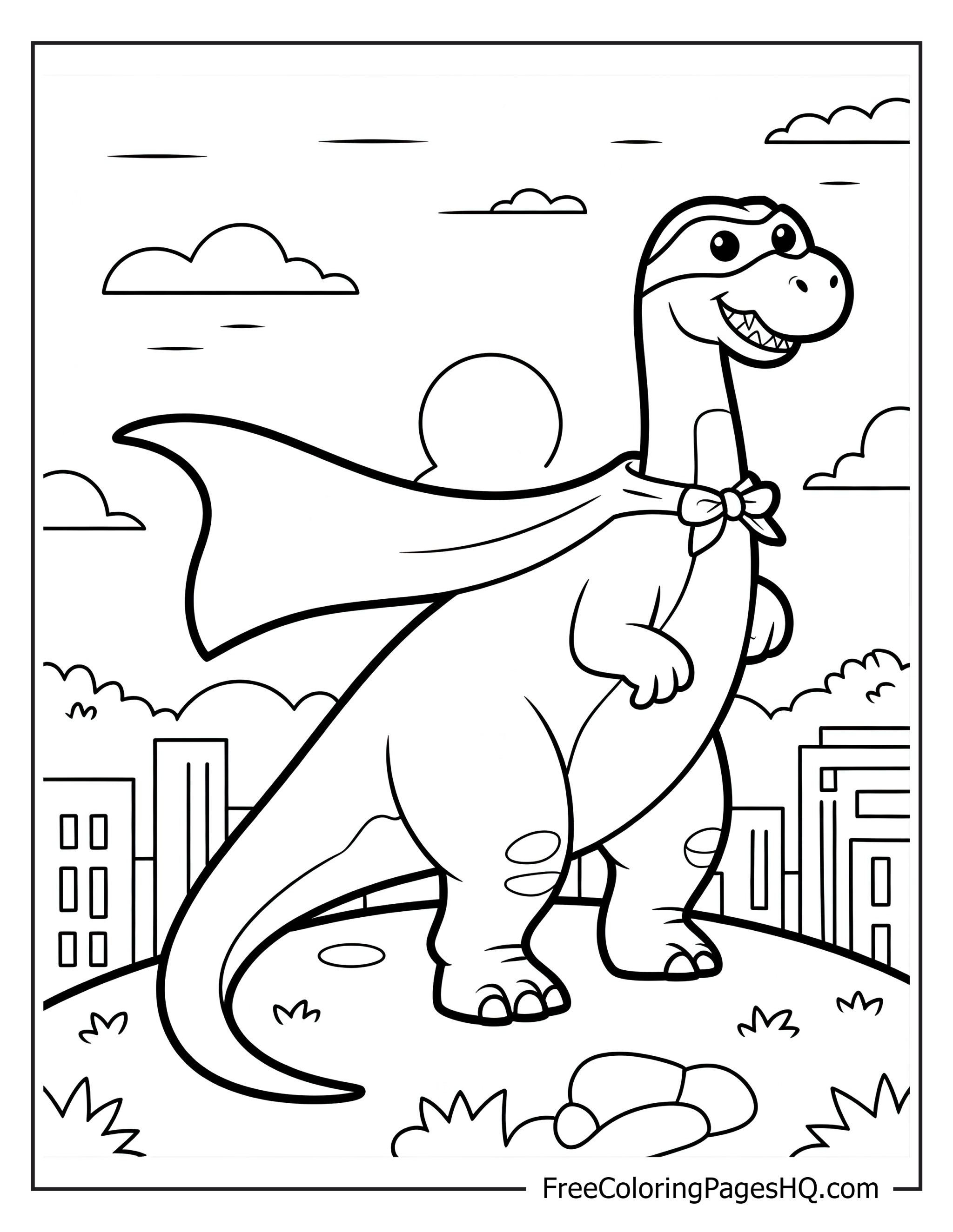 Dinosaur wearing a cape, standing proudly with buildings behind.