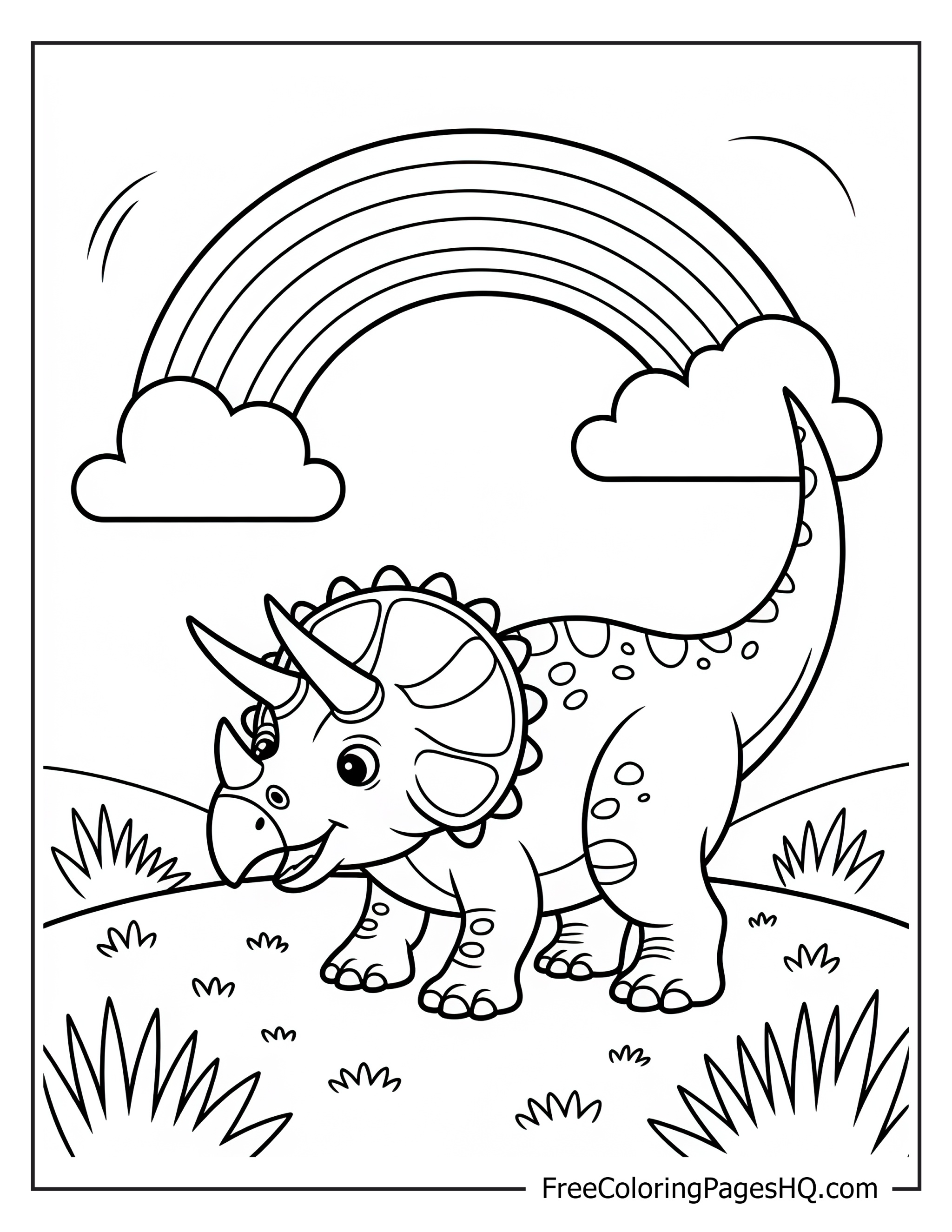 Triceratops dinosaur under a rainbow with grass and clouds.