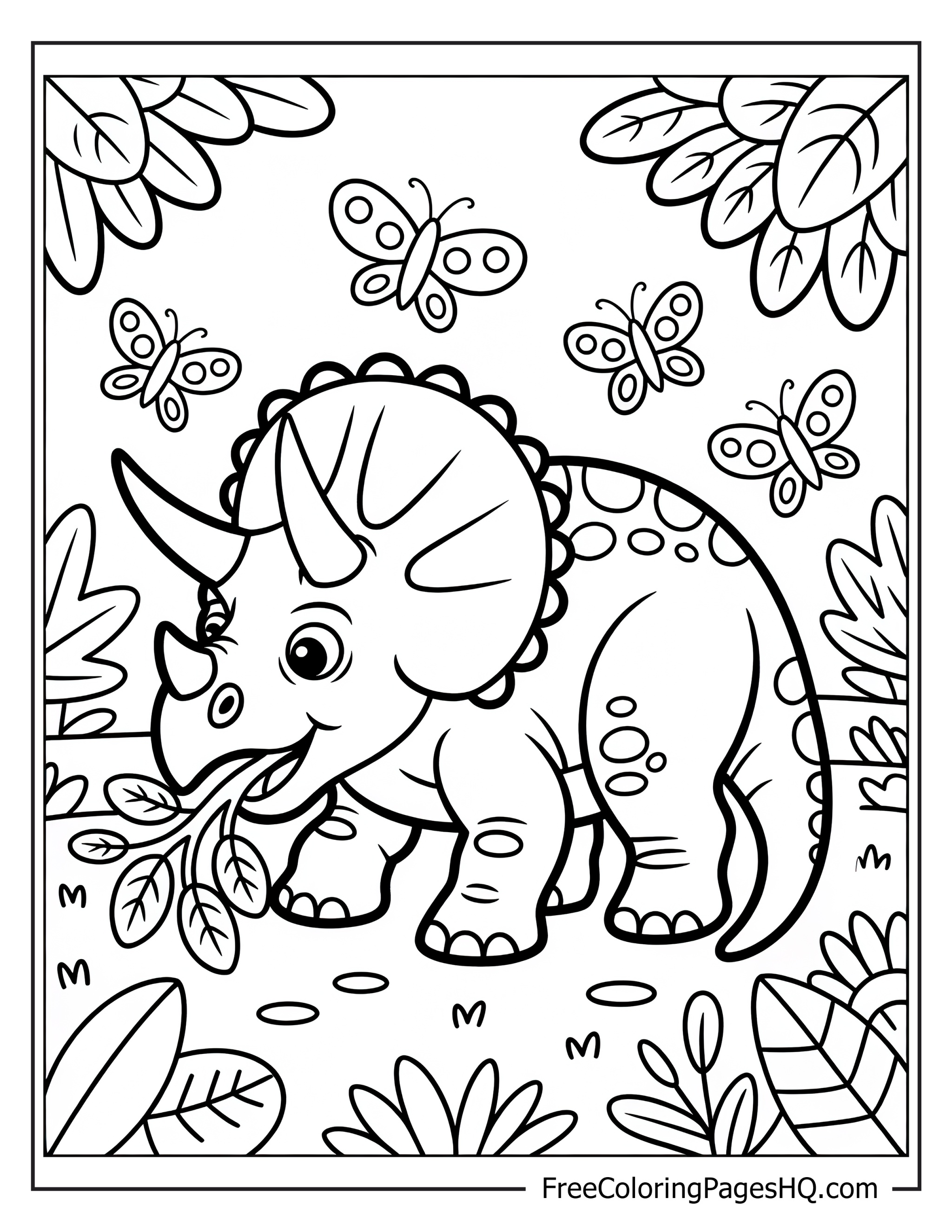 Triceratops eating leaves surrounded by butterflies and plants.