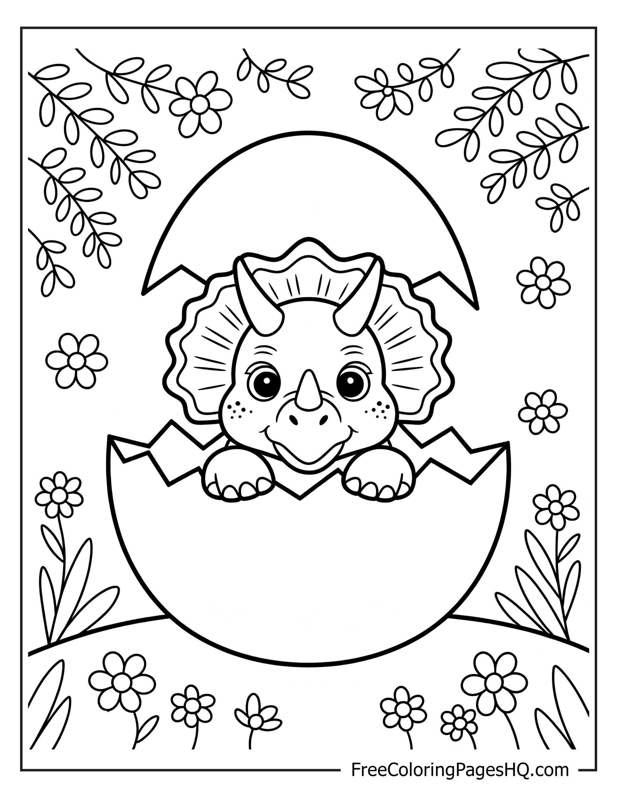 Triceratops baby in a cracked egg with floral background.