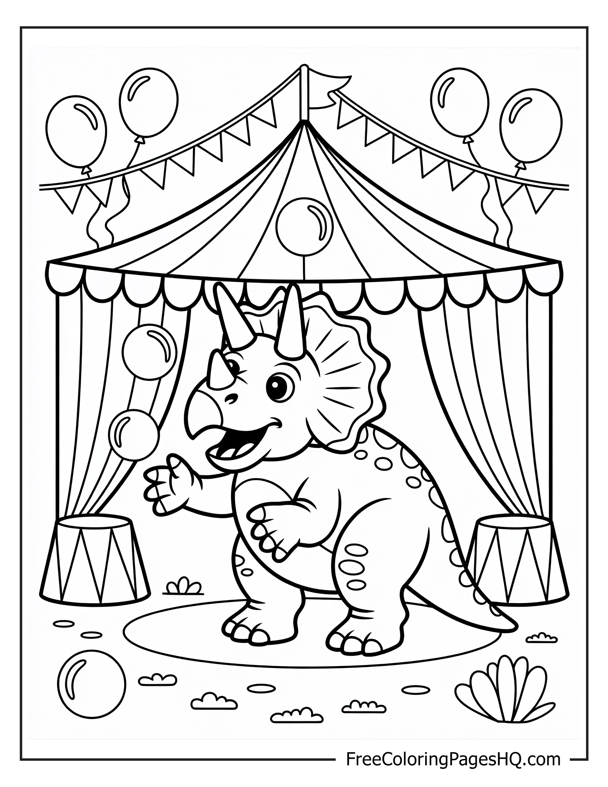Triceratops playing under a tent with balloons around.