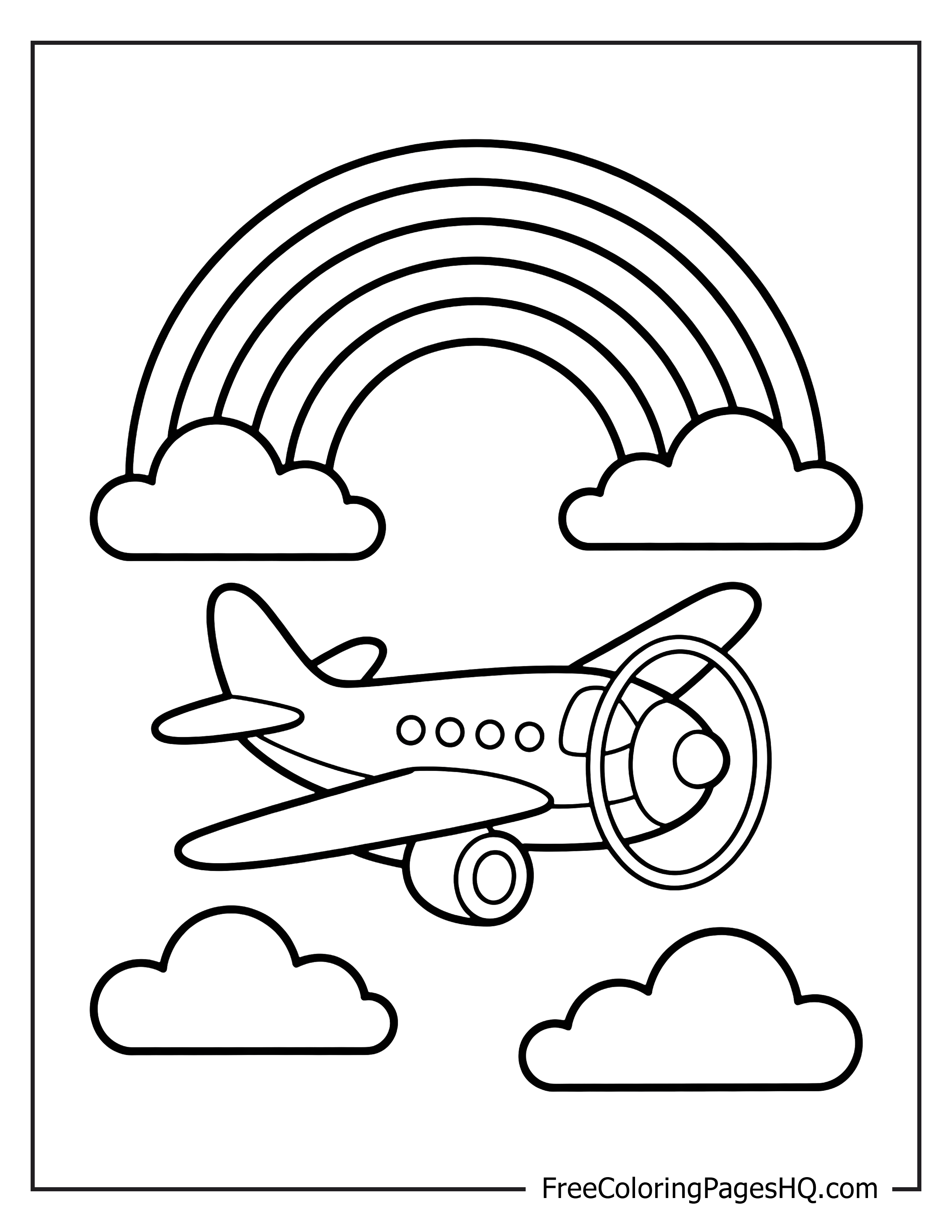 Illustration of an airplane with clouds and a rainbow.