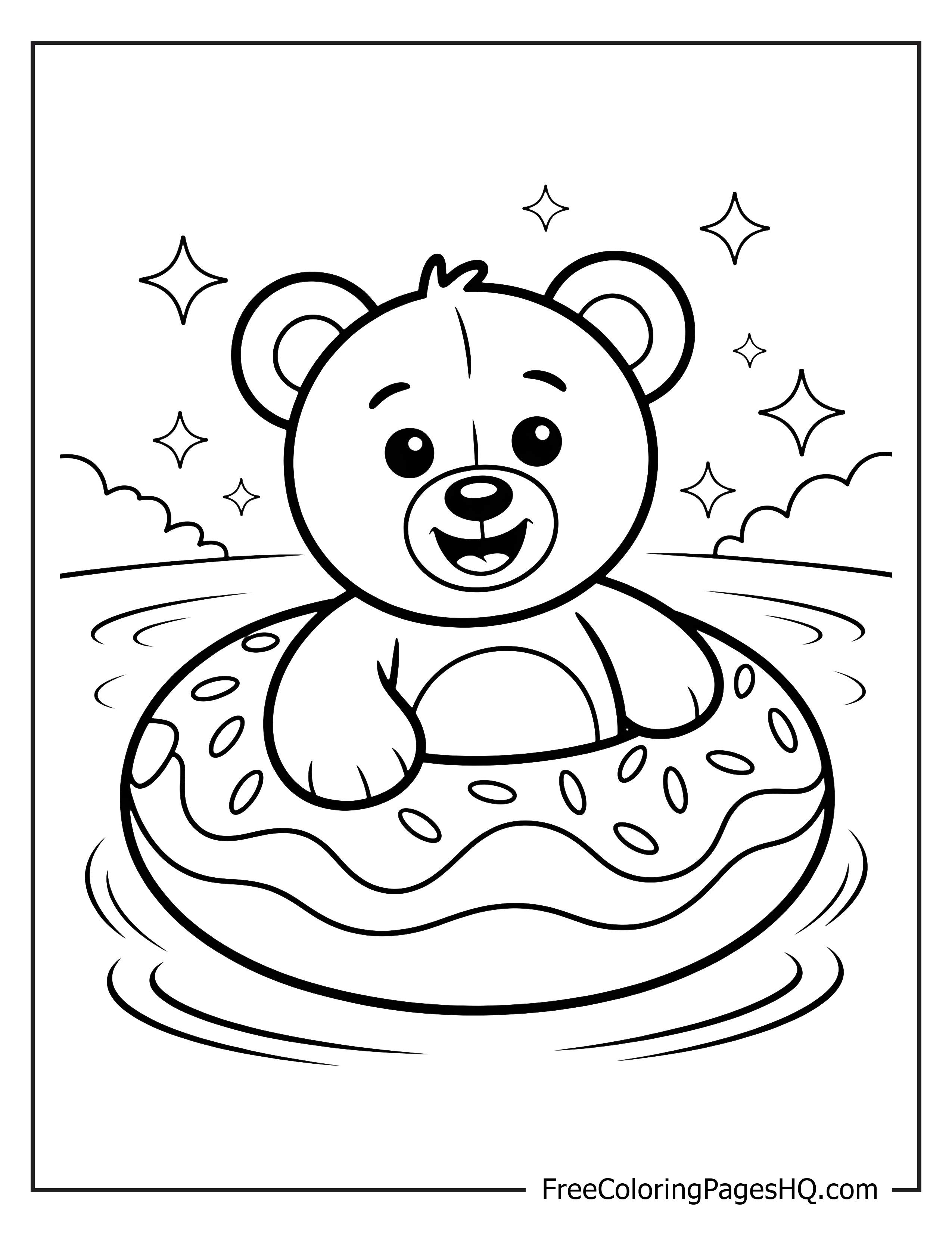 Adorable bear in a donut pool float illustration.