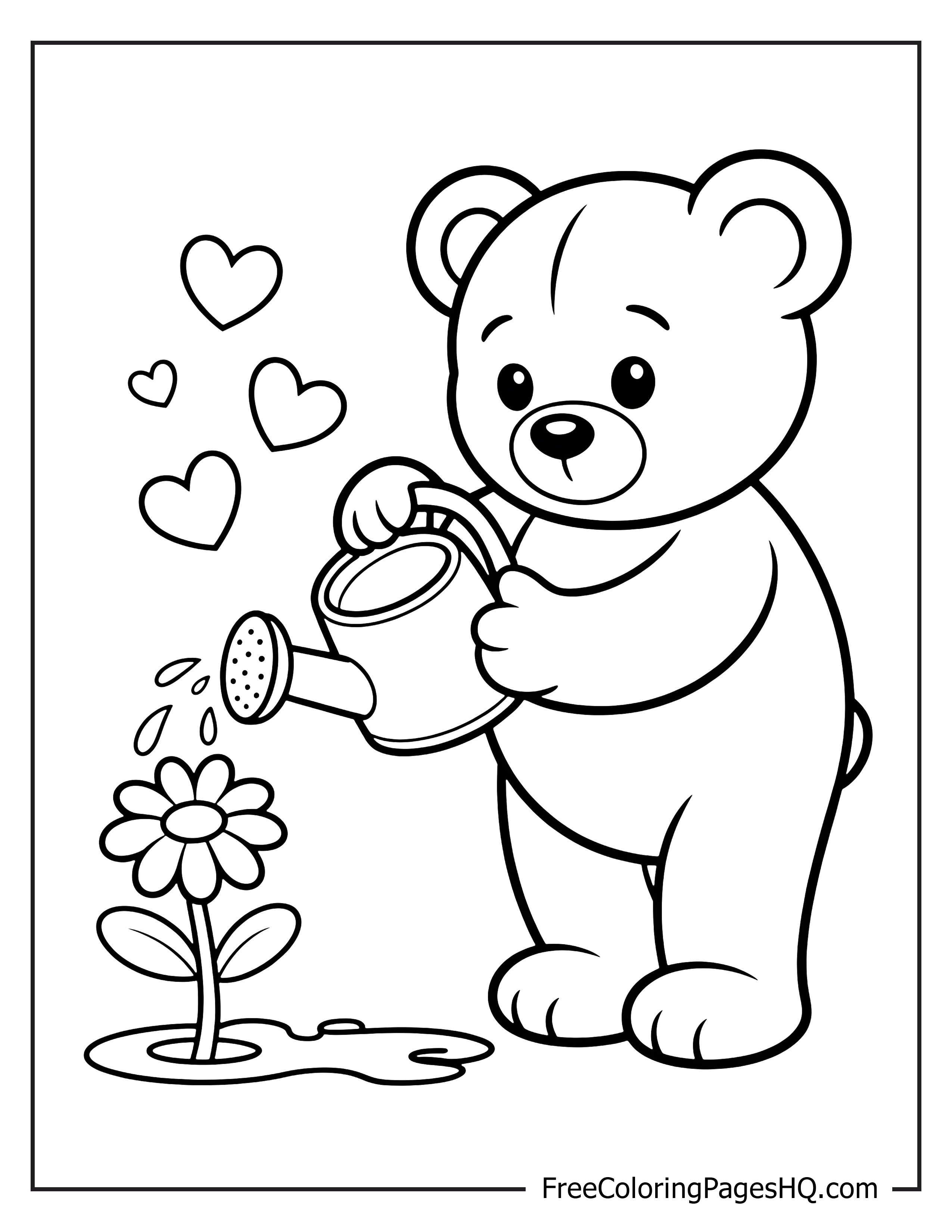 Cute bear watering a flower with hearts around.