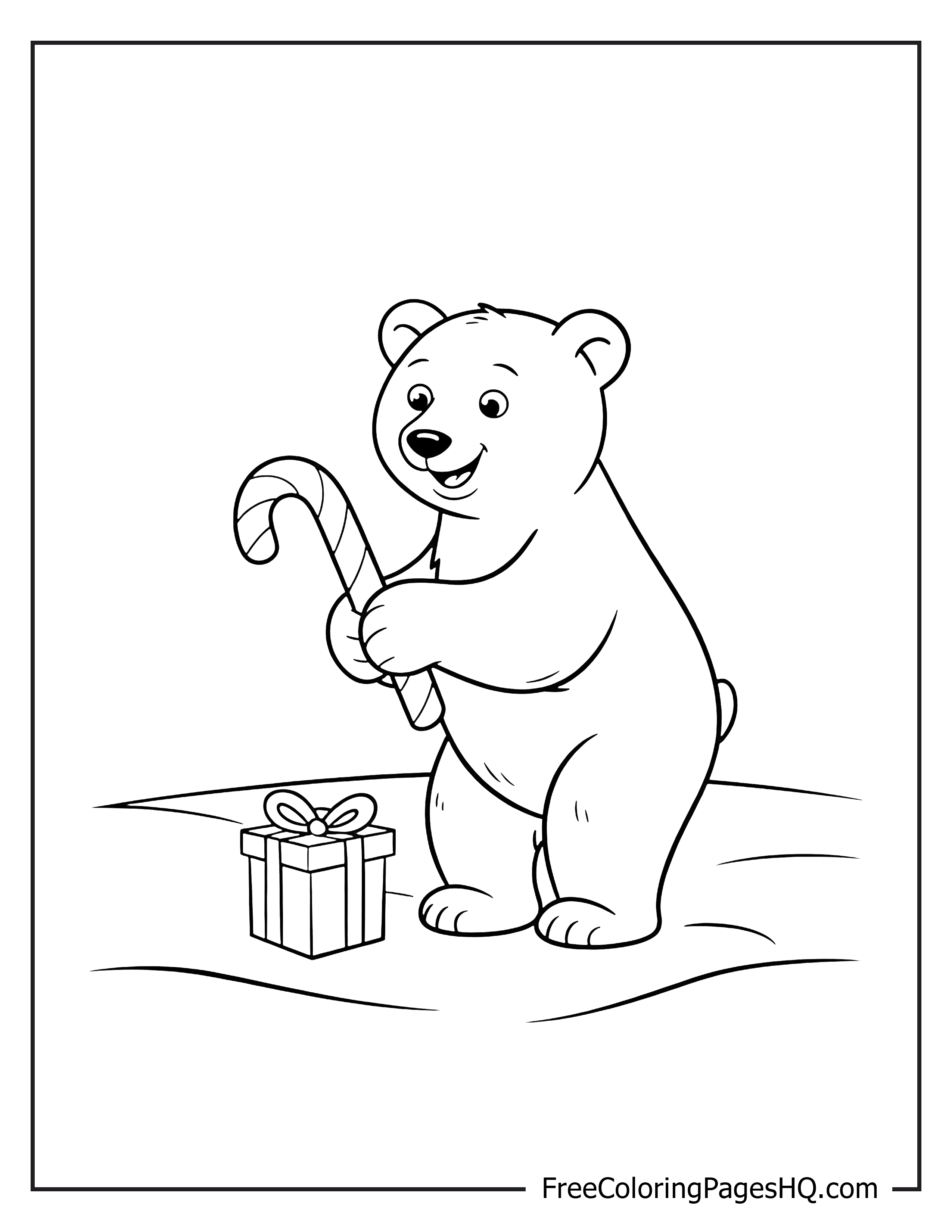 Smiling bear with candy cane and present.