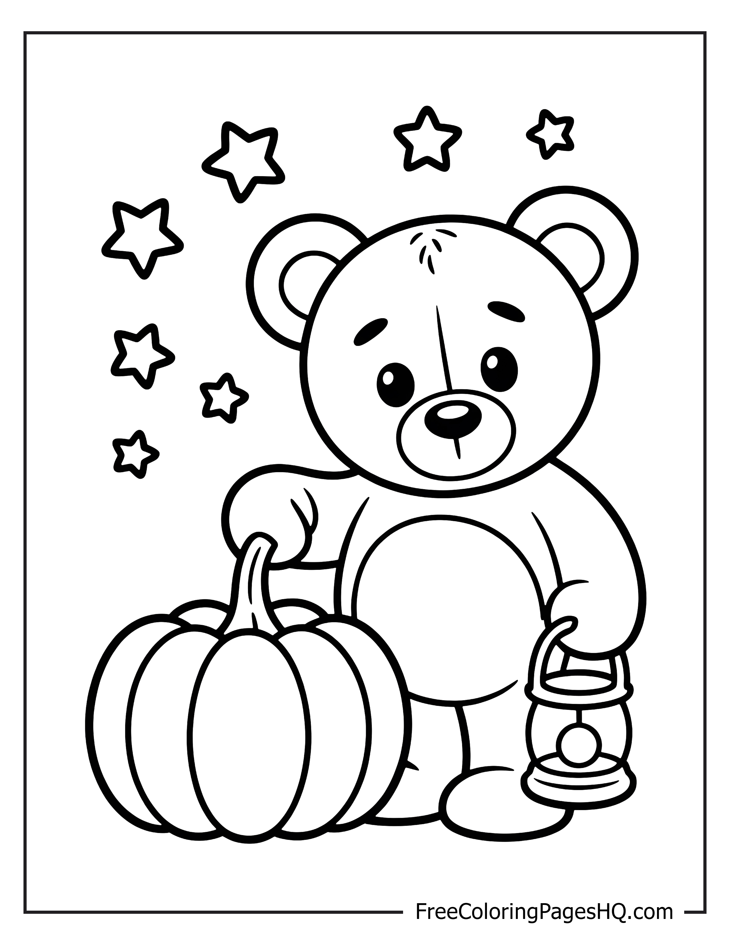 Adorable bear holding a pumpkin and lantern with stars around.