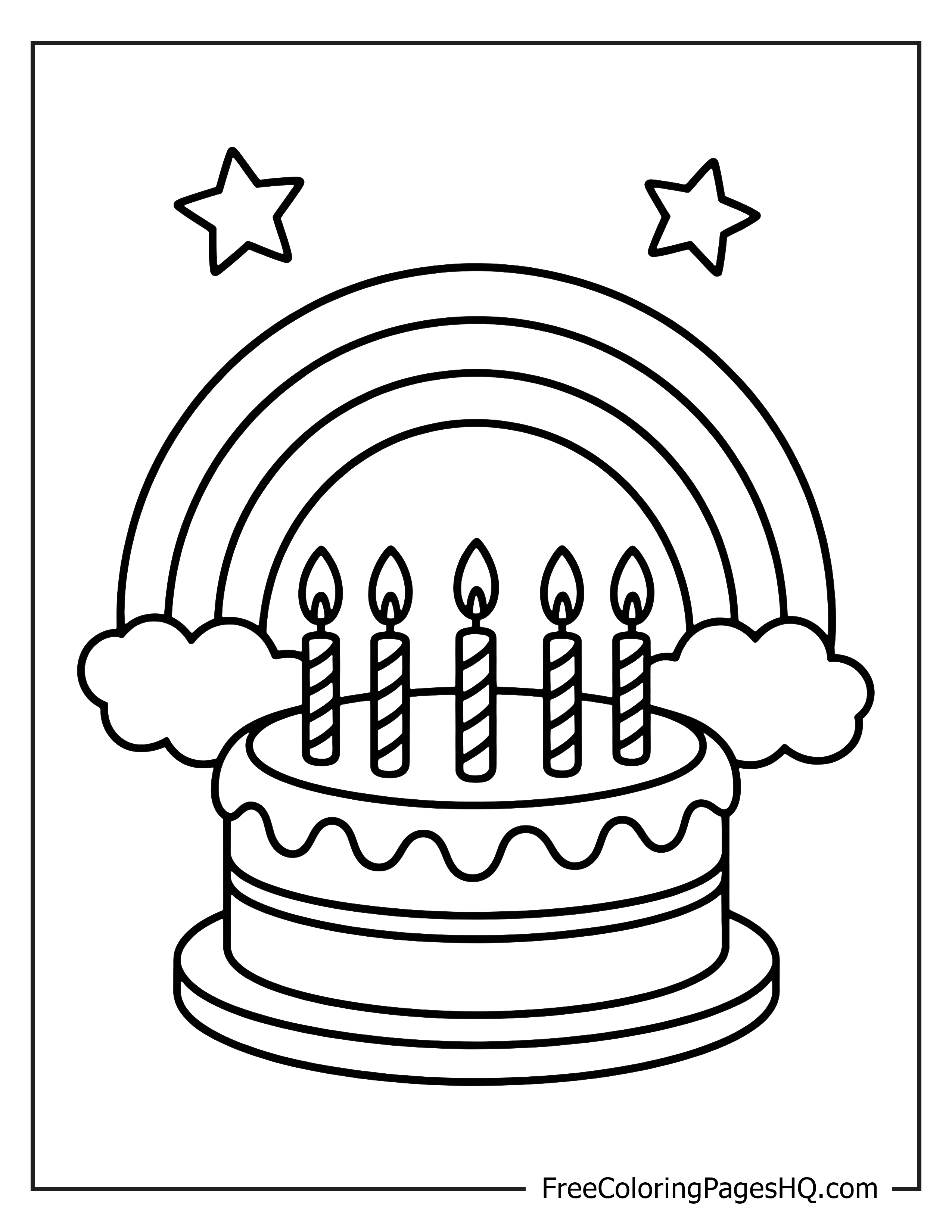 Birthday cake illustration with rainbow and stars for kids.
