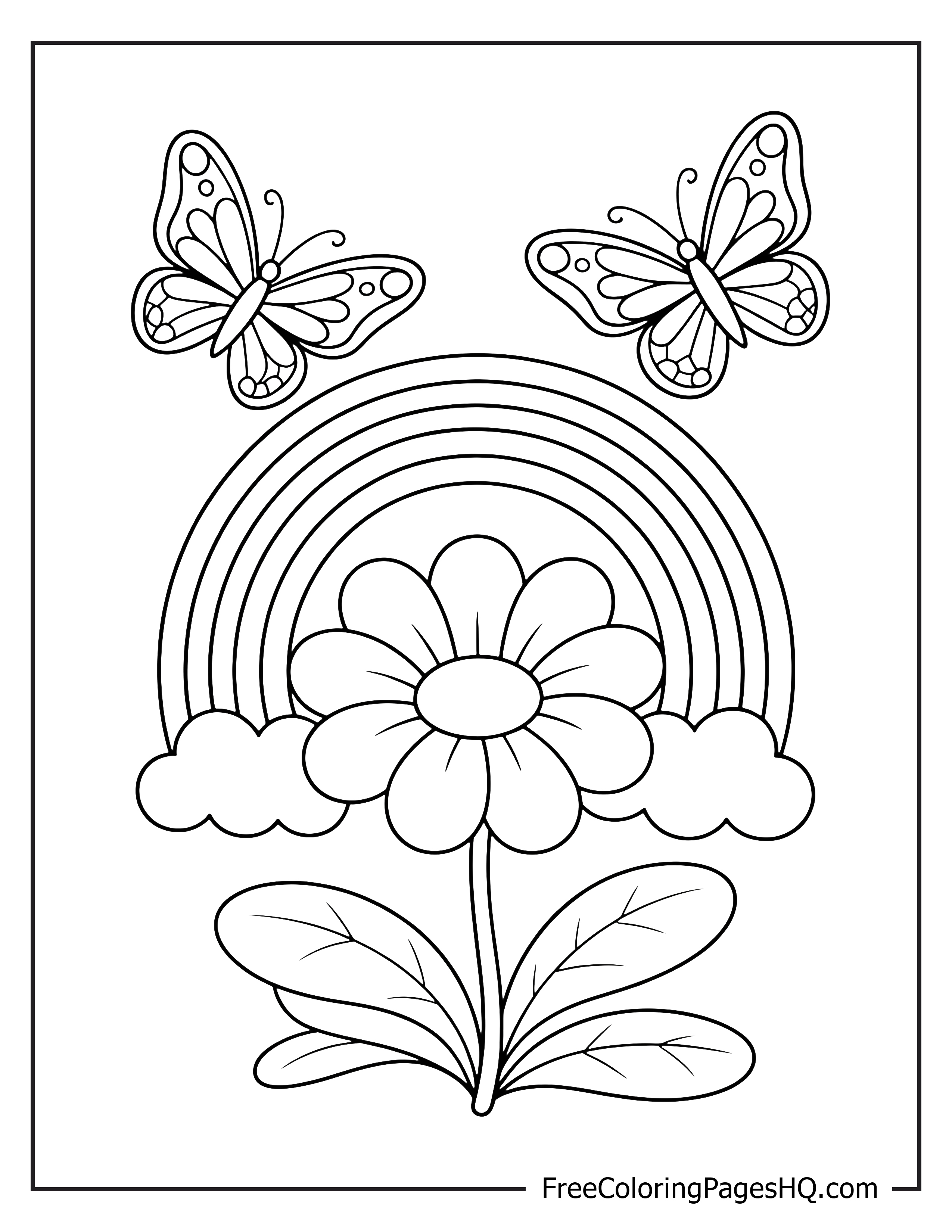 Butterflies and a flower under an arched rainbow.