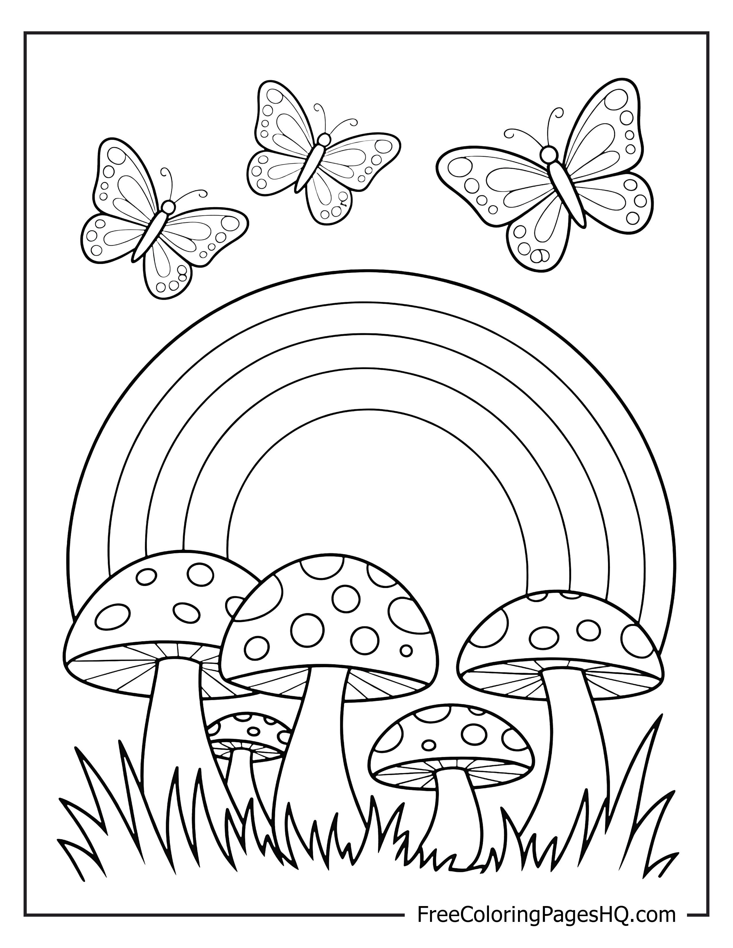 Butterflies and rainbow with mushrooms in a cheerful scene.