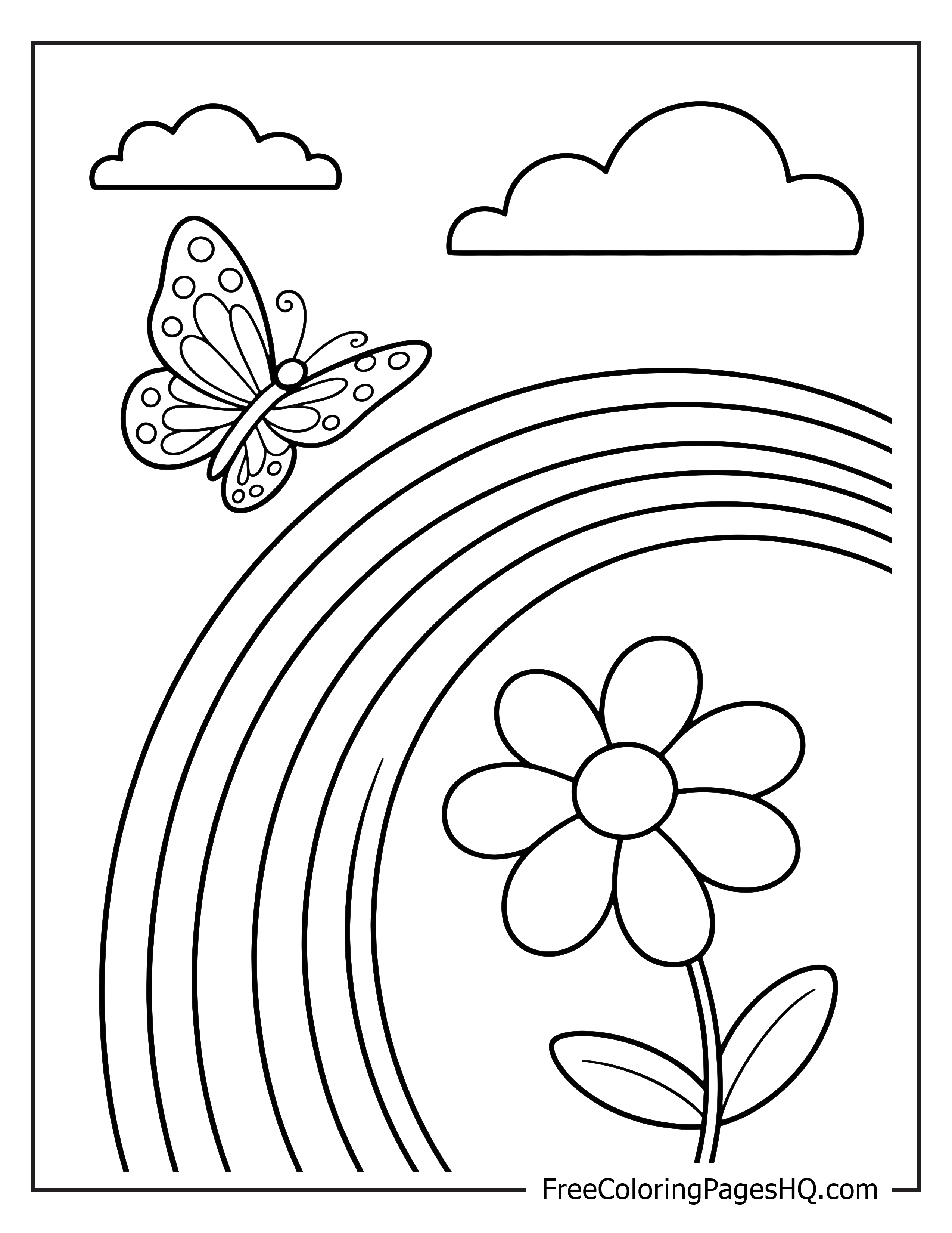 Butterfly, flower, and rainbow under clouds illustration.