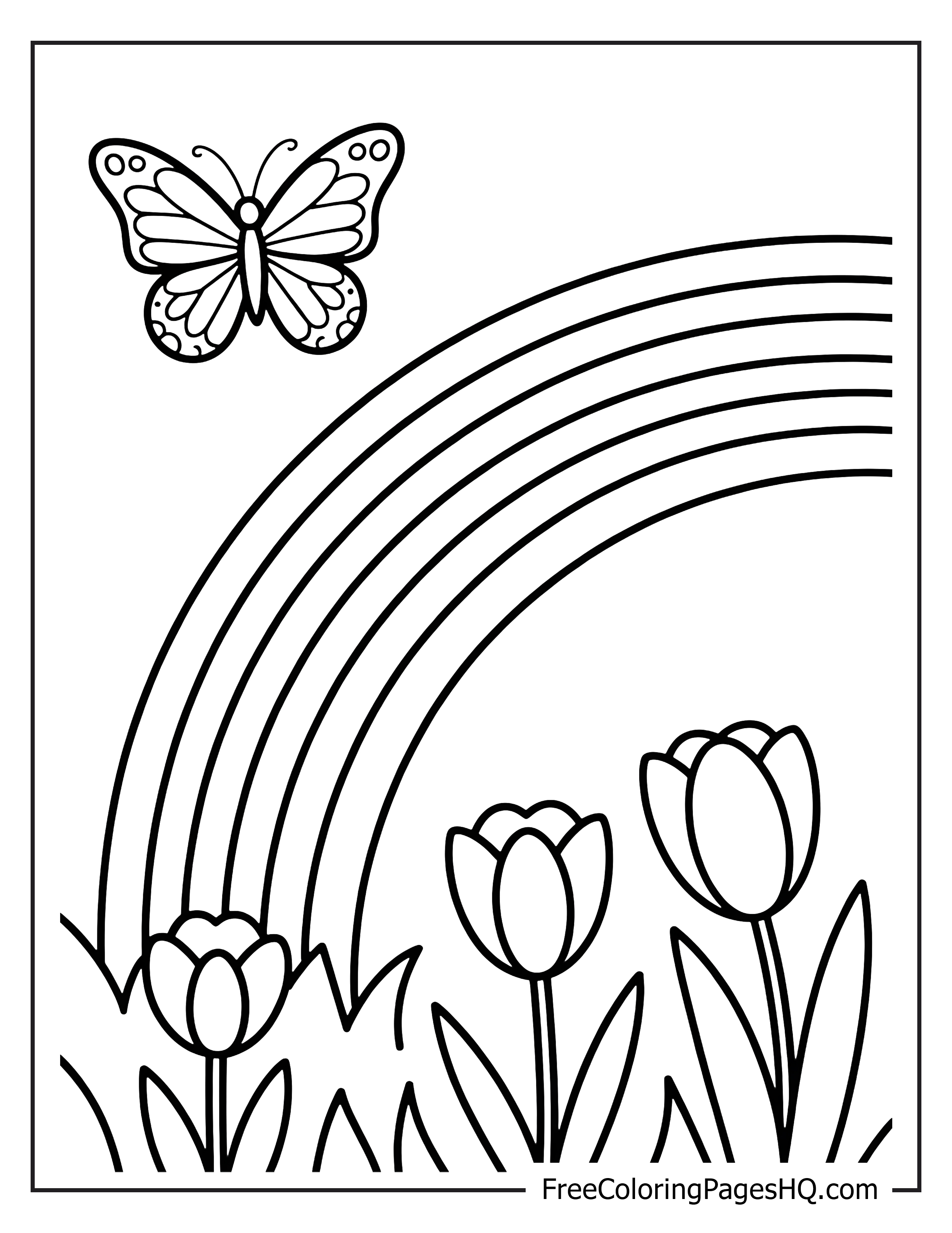 Butterfly flying by a rainbow with tulips below.