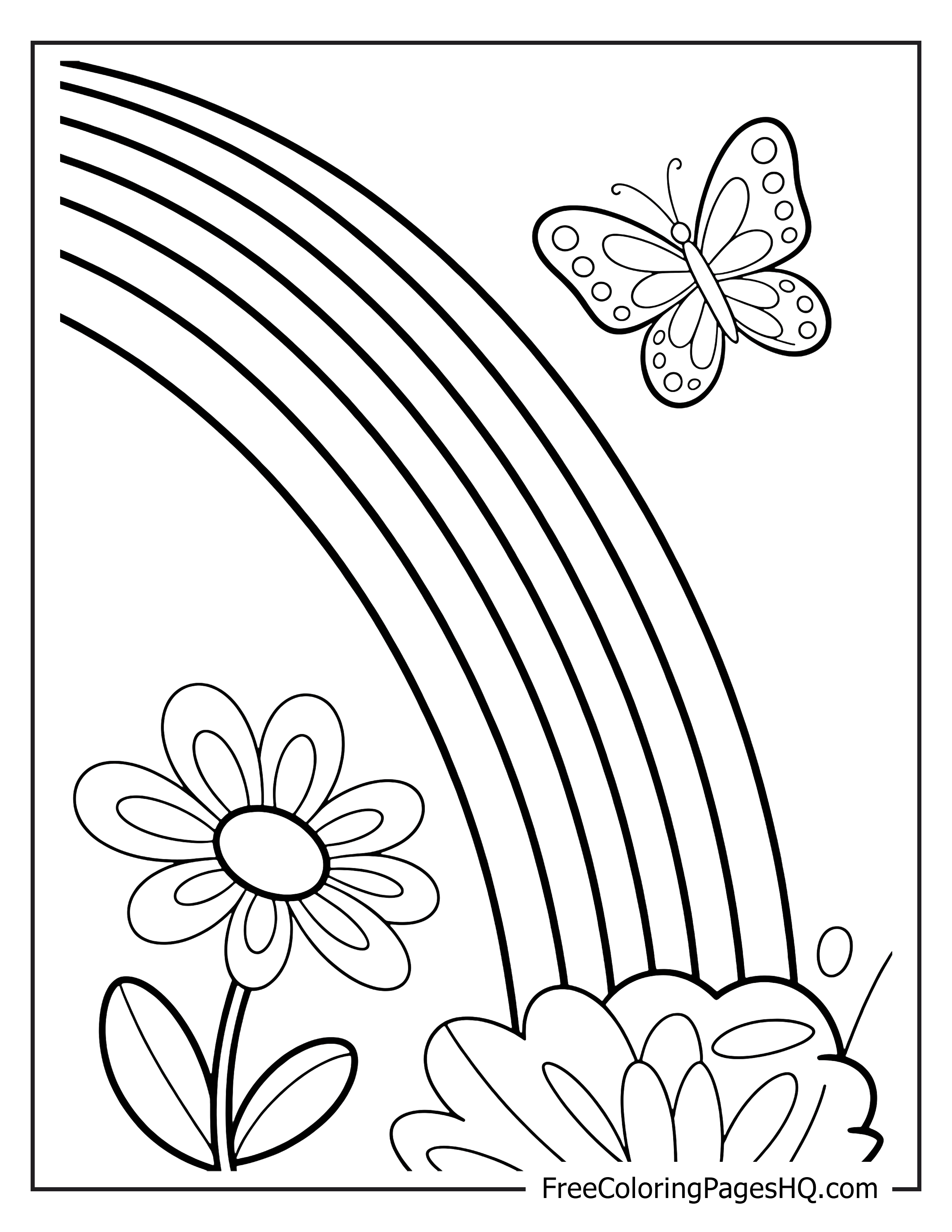 Butterfly and rainbow with flowers illustration.