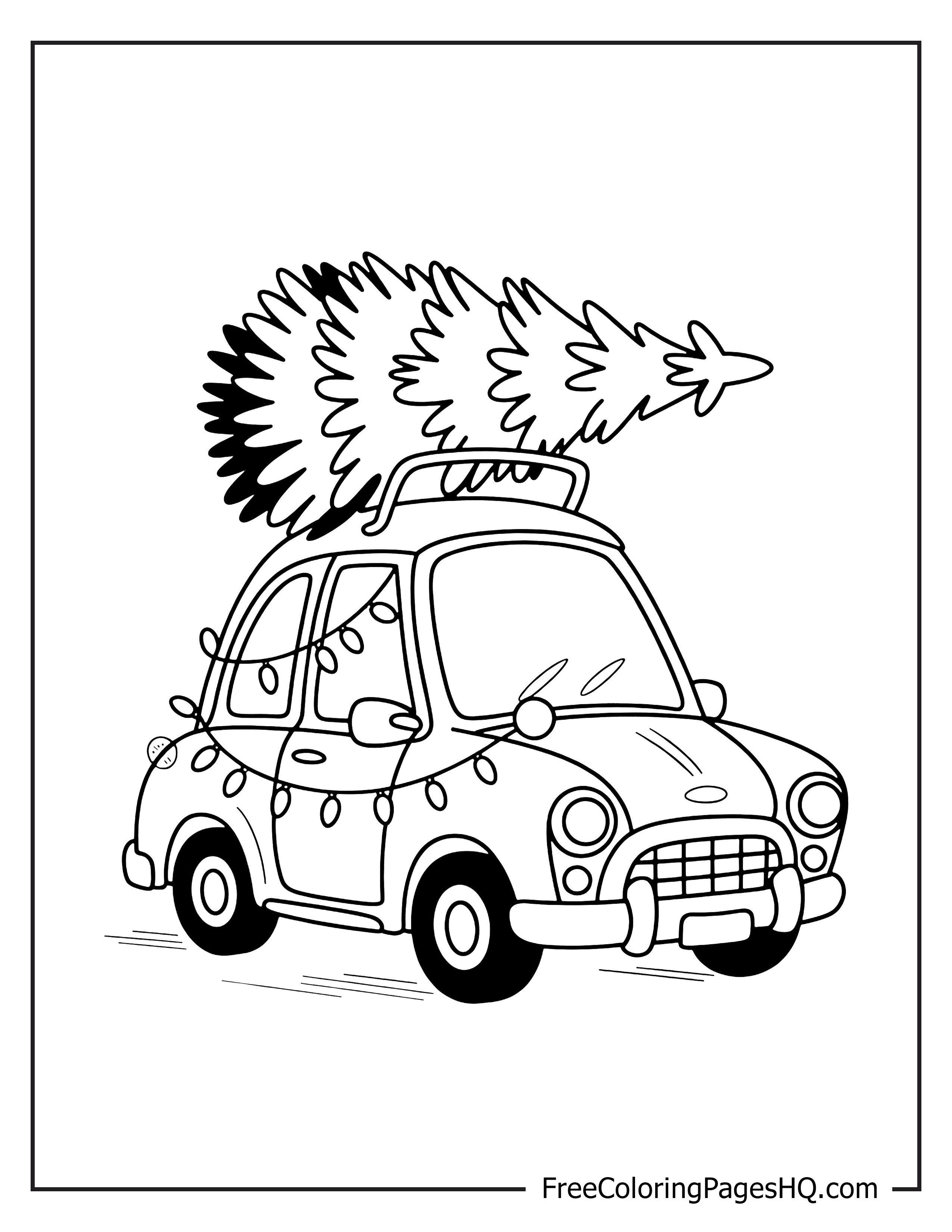 Car with a Christmas tree and lights illustration.