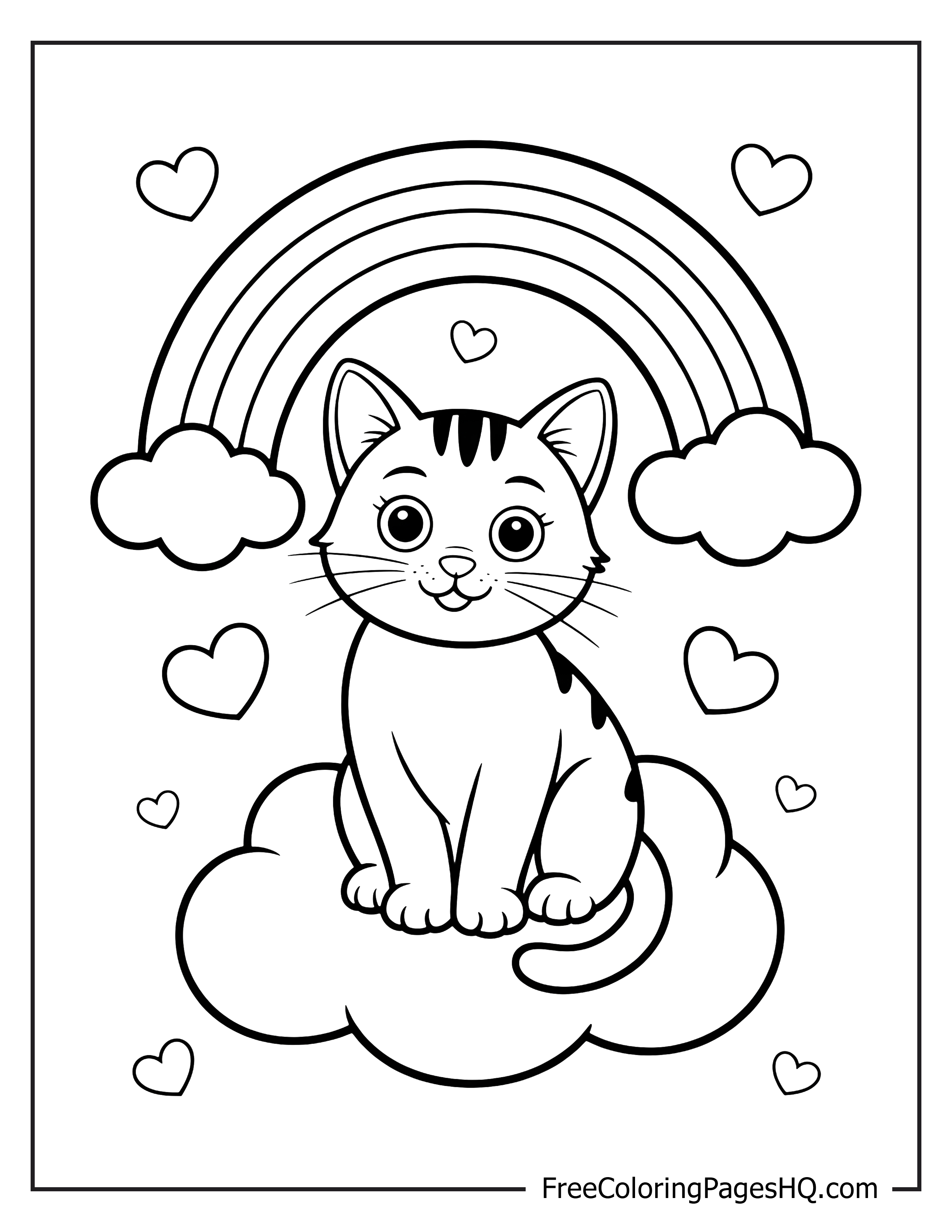 Cat sitting on cloud under rainbow with hearts.