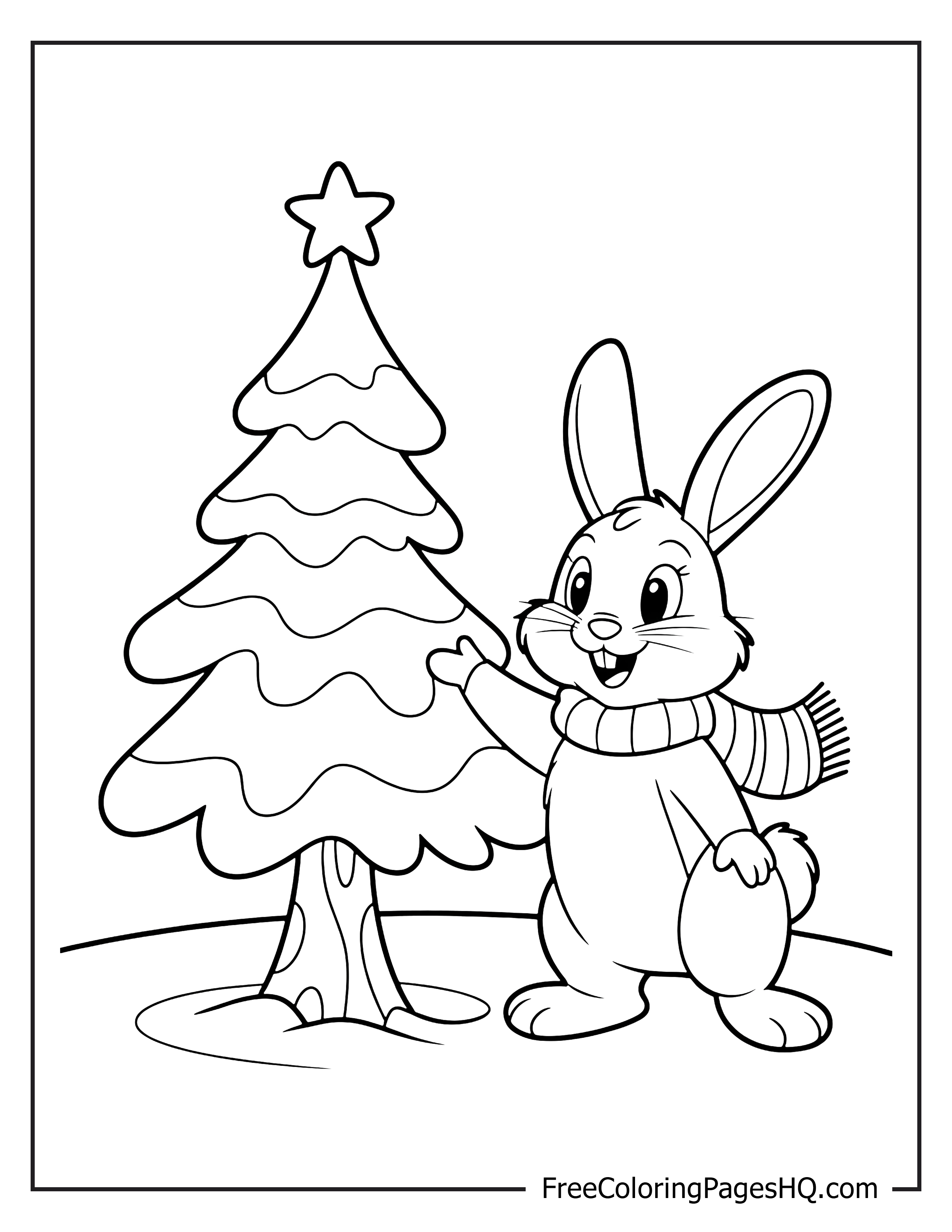 Bunny next to a festive Christmas tree illustration.