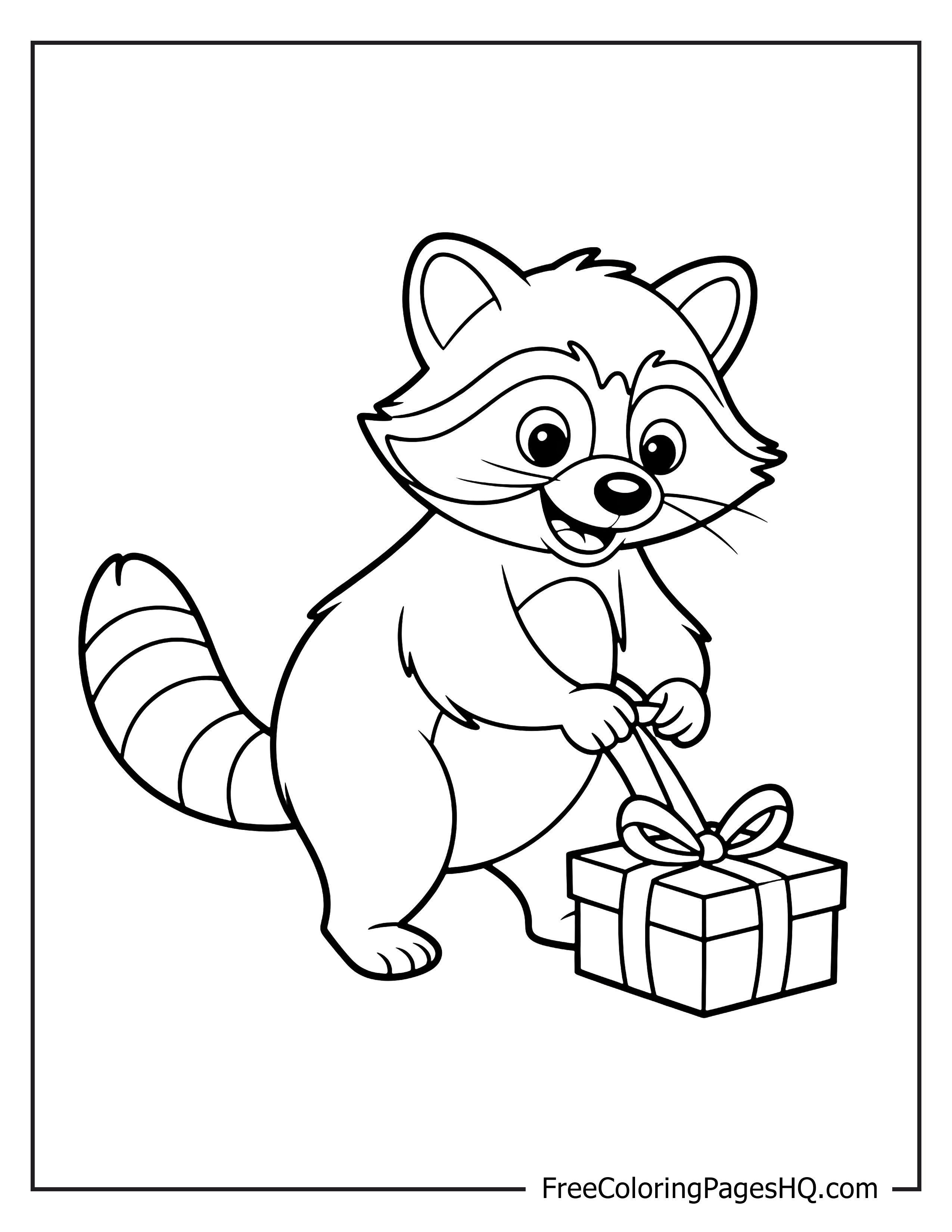Smiling raccoon holding a present with a bow.