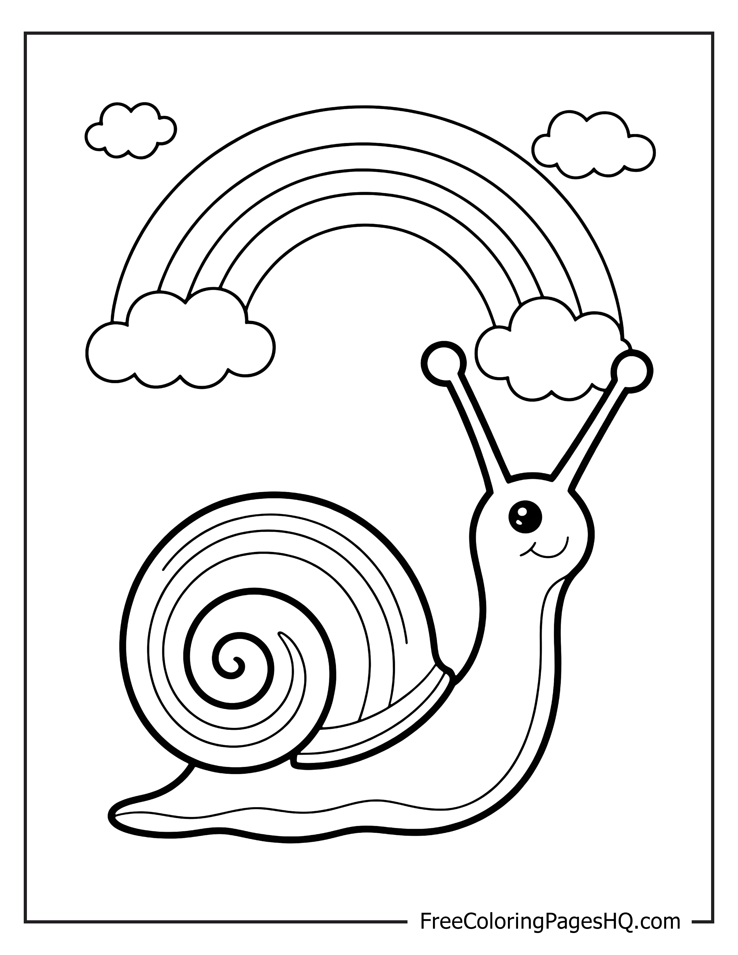 Happy snail with a rainbow and clouds illustration.